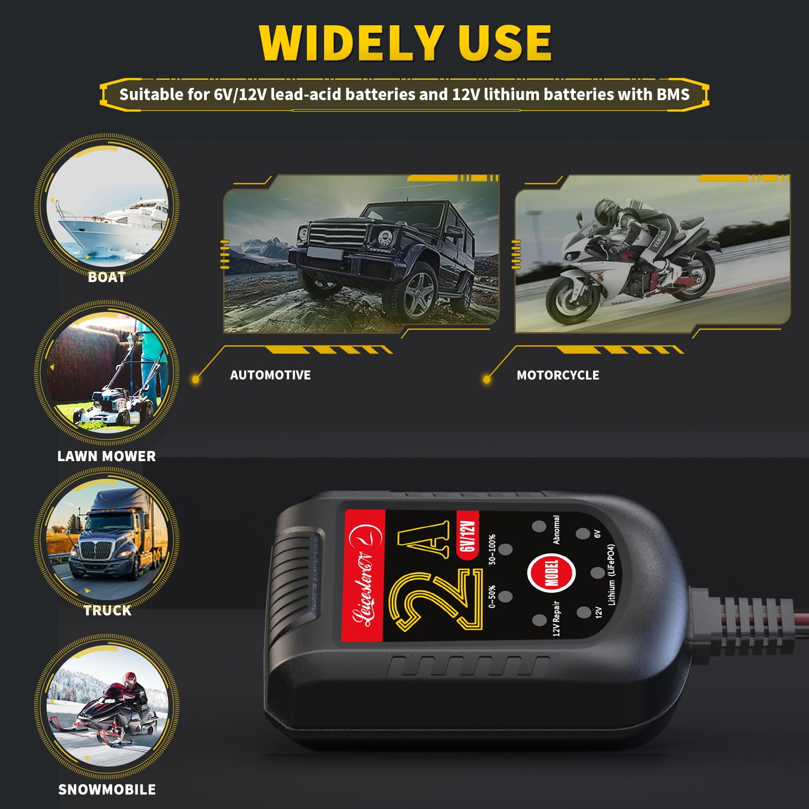 LST Trickle Battery Charger Automatic Maintainer 6V 12V Smart Float Charger for Automotive Car Motorcycle Lawn Mower Tractor SLA ATV AGM Gel Cell Lead Acid Batteries