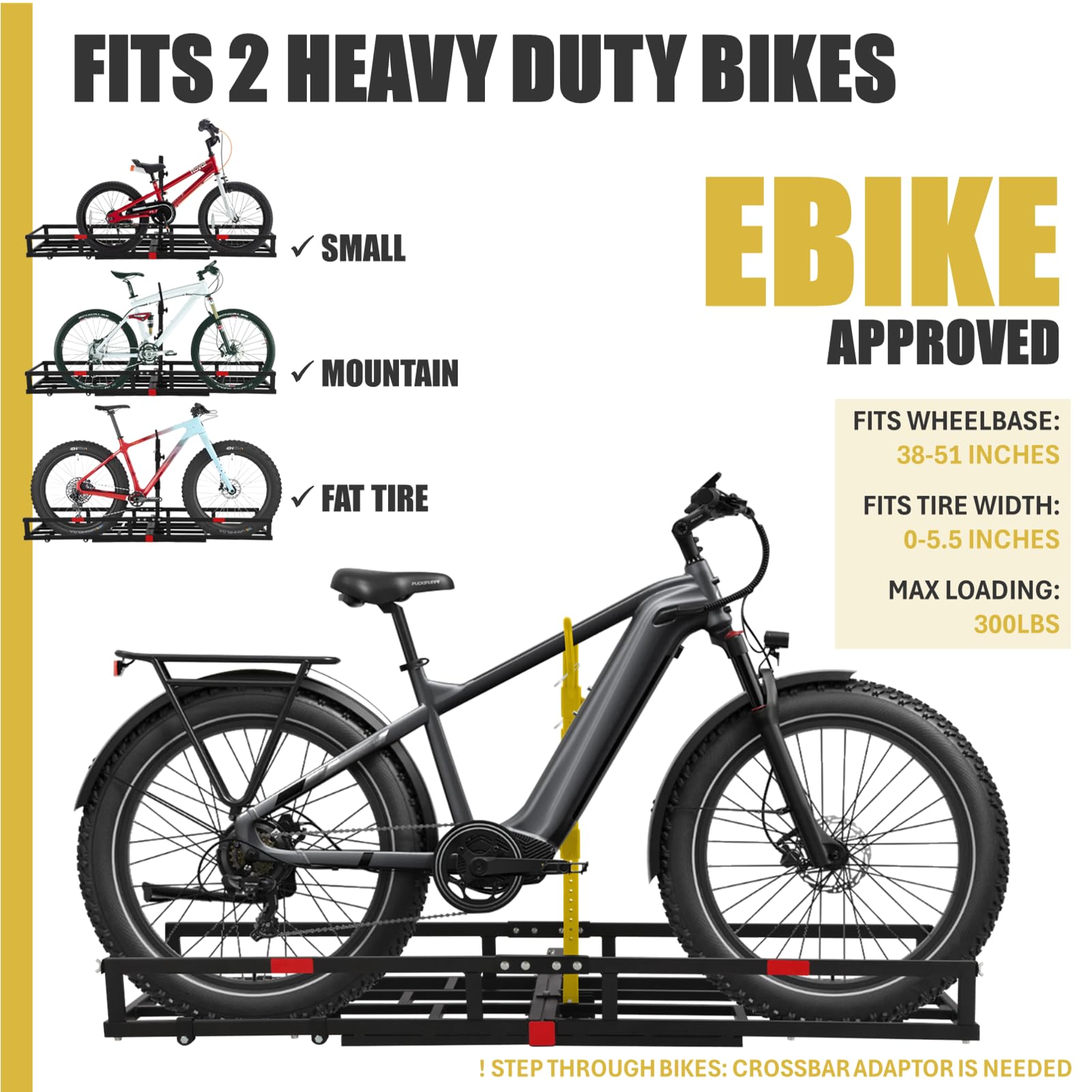 Hitch-Mount Bike Rack for Ebike Heavy-Duty - Comes with Cargo Carrier Fits 2 Electric Fat-Tire Mountain Bicycles Fits 2'' Receiv
