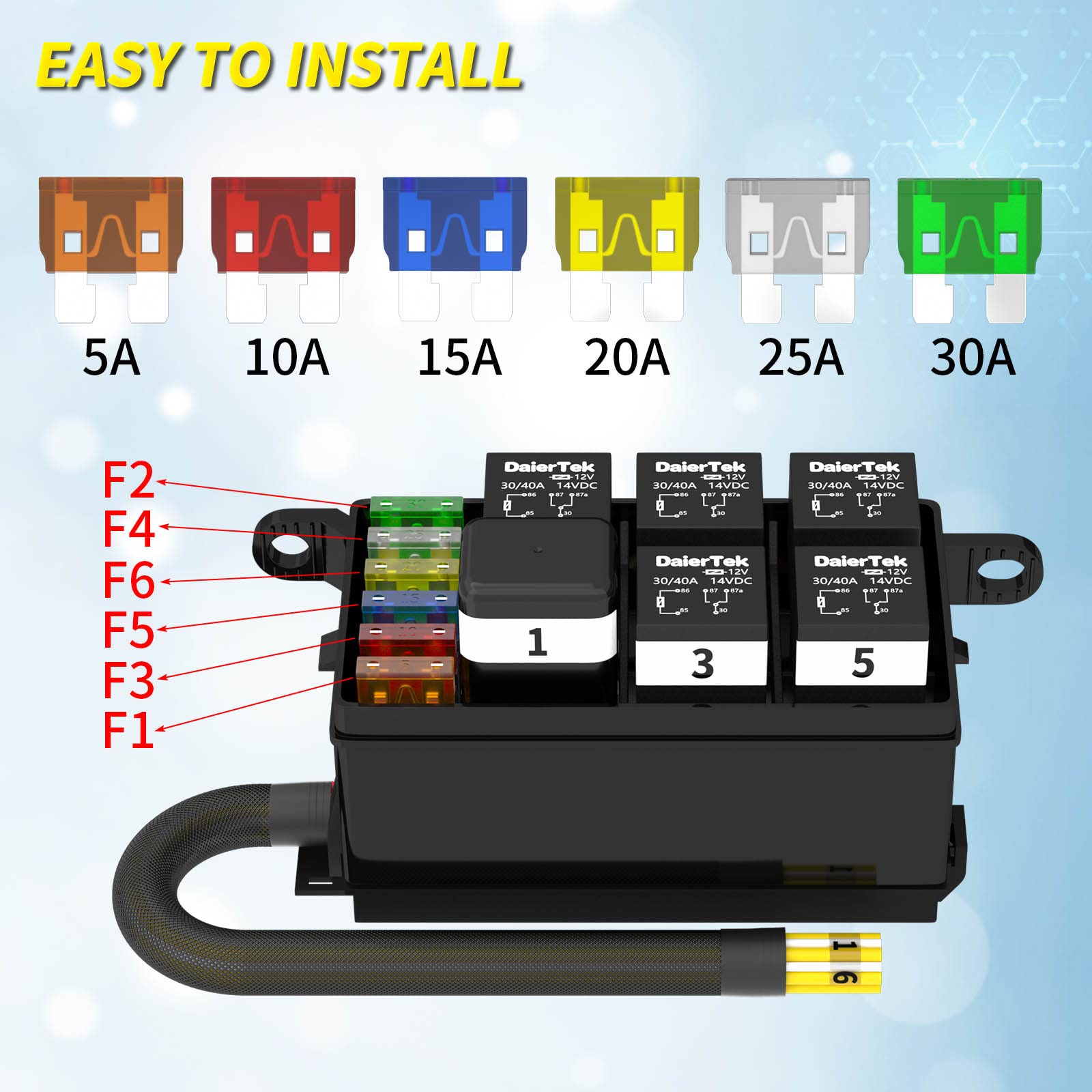 Joinfworld Relay Box 12V Automotive Fuse Relay Box Pre-Wired Universal Waterproof Fuse and Relay Box with 6 Relays and 6 ATC/ATO
