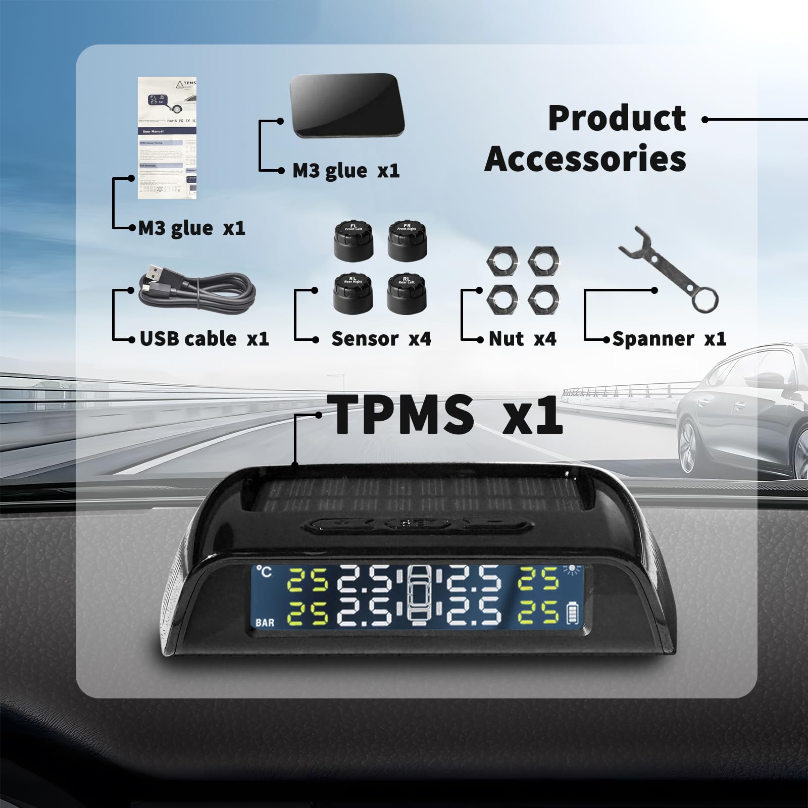 Cozy Blue Solar Powered TPMS Tire Pressure Monitoring System - TPMS for Car and SUV, Include 4 Sensors, Real-Time Pressure and T