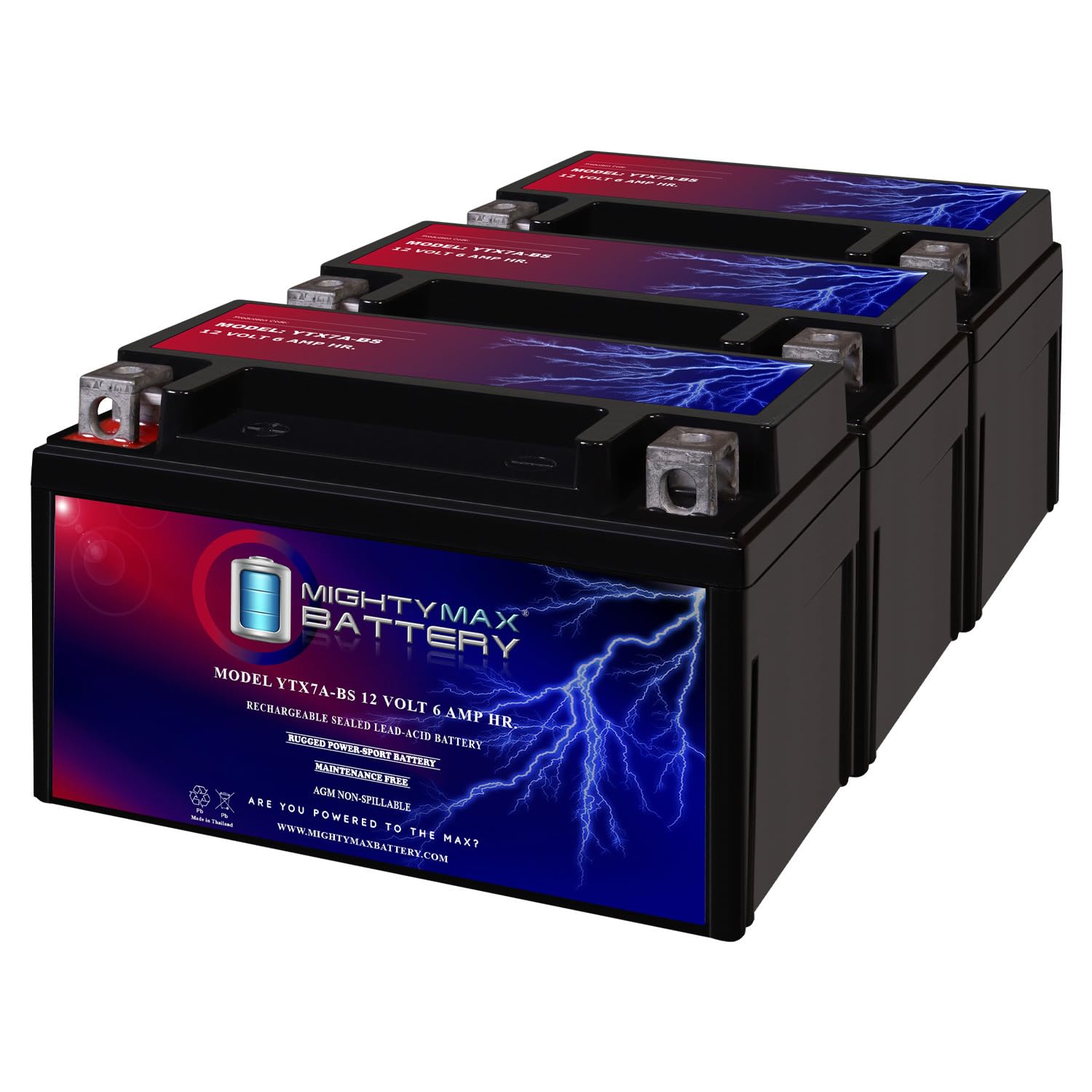 Ytx7A-Bs 12V 6Ah Sealed Lead Agm Battery For Motorcycle - 3 Pack