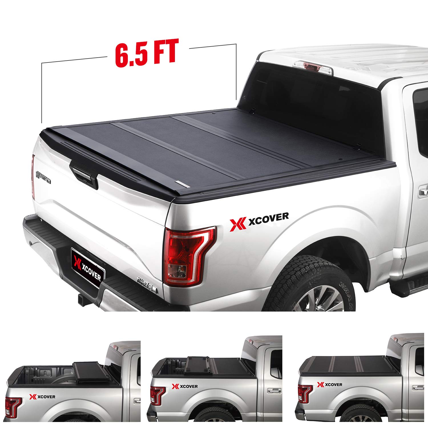 X XCOVER Low Profile Hard Folding Tonneau Cover for 2015-2025 F150, 6.5 Ft Bed, Black, Plastic Material