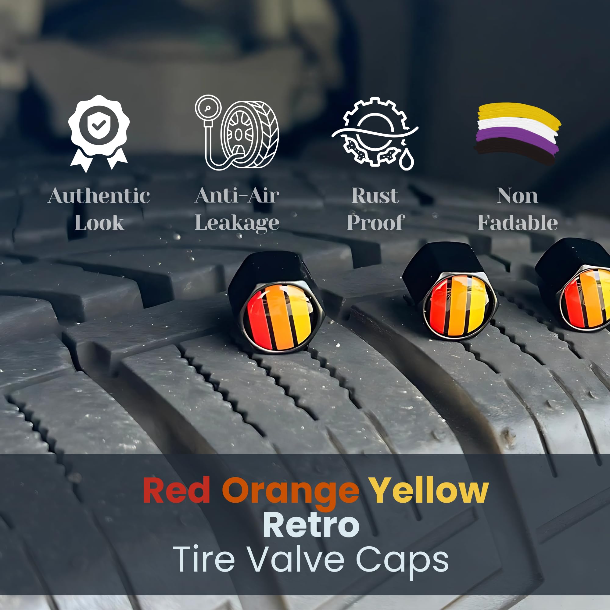 Tactilian Car Tire Valve Stem Caps For Toyota | Auto Red Orange Yellow Tri Color Aluminum With Rubber O-Ring Tire Wheel Rim Dust