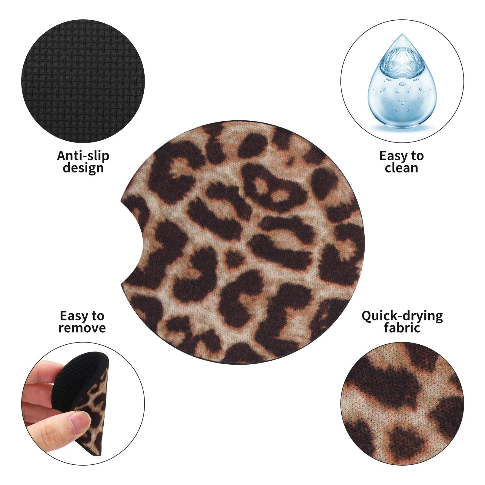 tifanso Car Cup Drink Holder Coaster, 2 Pack Car Coasters for Cup Holders, Cute Vehicle Accessories for Women and Girl (Leopard)