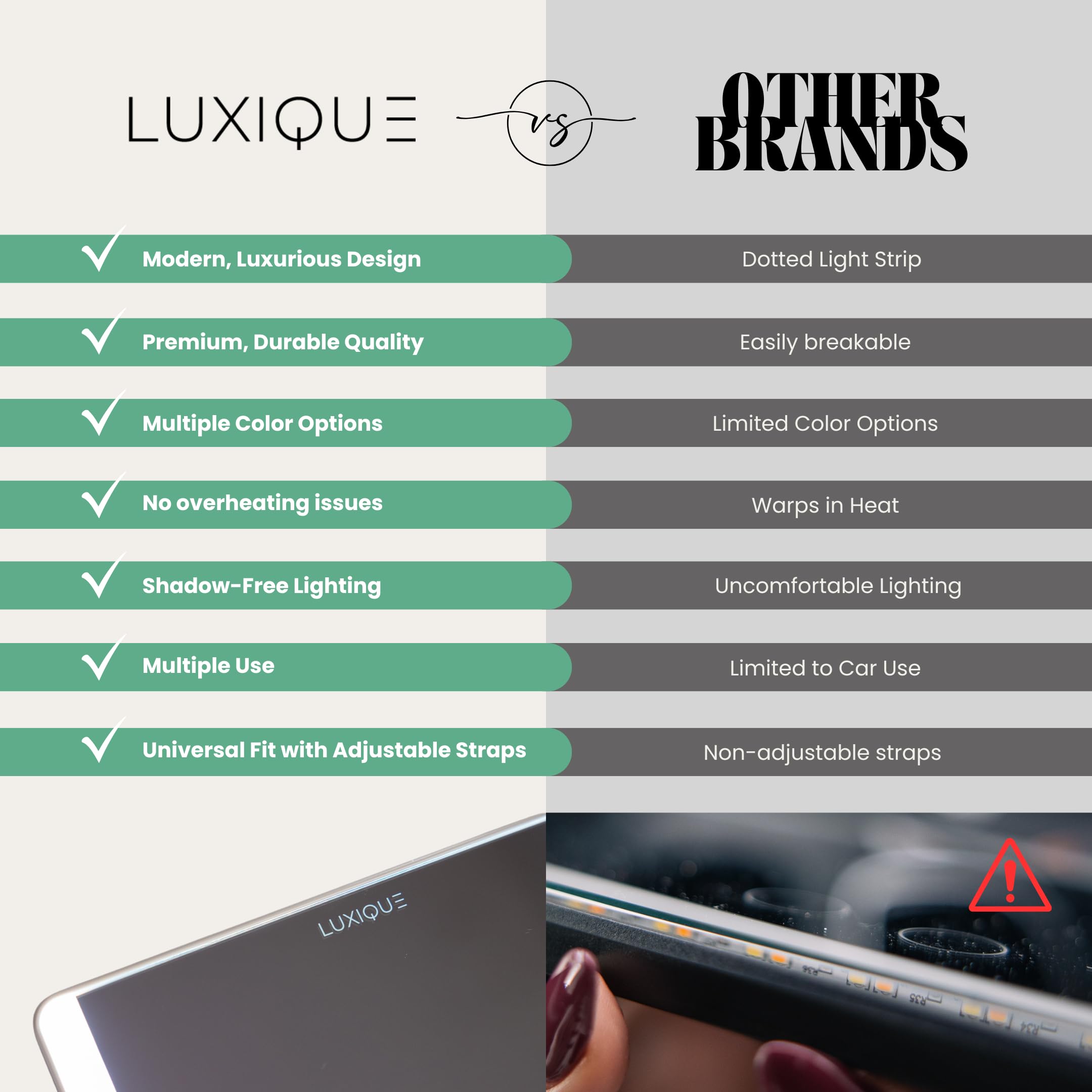 LUXIQUE Rechargeable LED Sun Visor Mirror - 3 Dimmable Light Modes, Portable Makeup and Vanity Mirror, Weather-Resistant, Detach