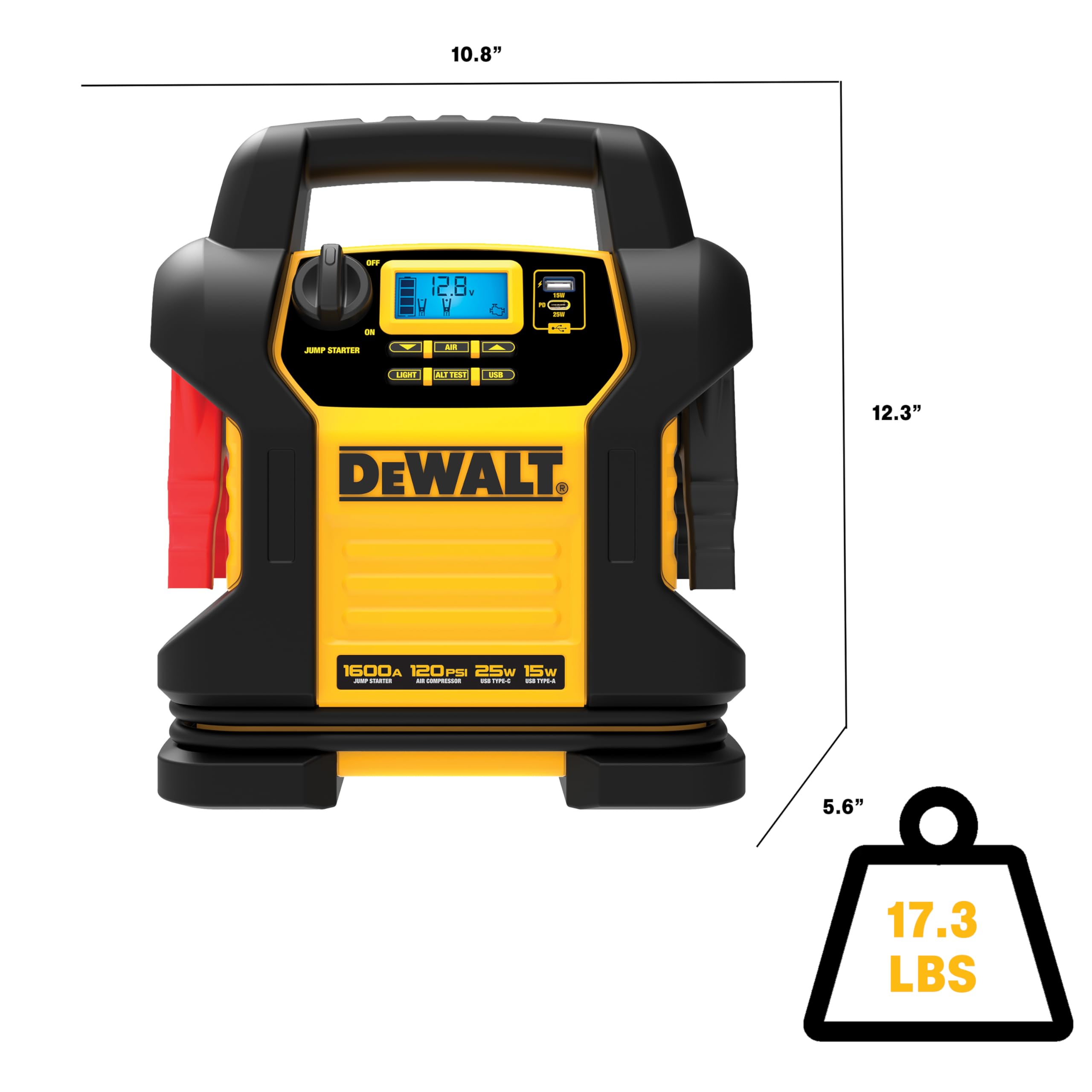 DEWALT DXAEJ14-Type2 Digital Portable Power Station Jump Starter - 1600 Peak Amps, 120 PSI Compressor, USB-A & USB-C Charging