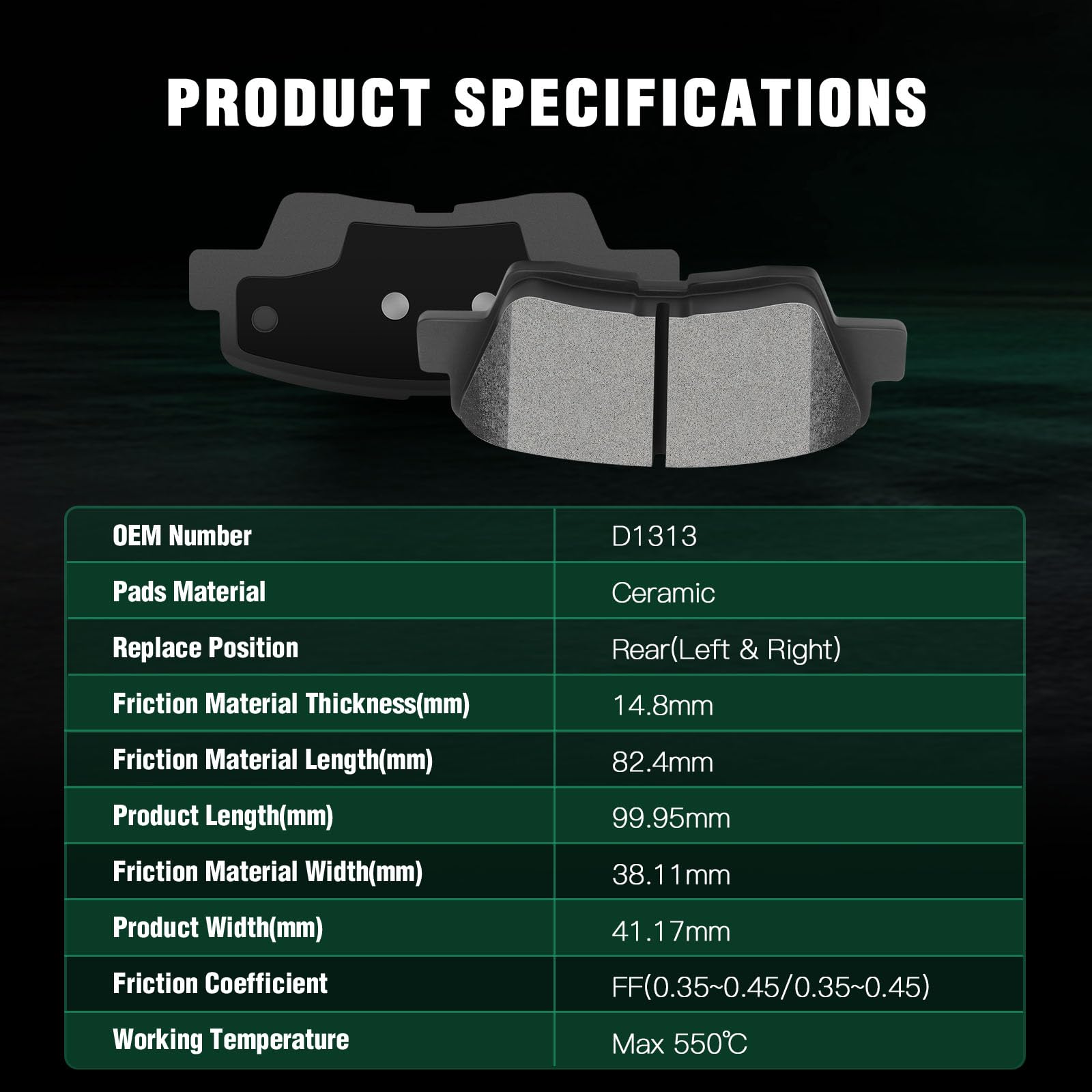 Automuto 4Pcs Rear Ceramic Disc Brake Pads Set D1313 For Hyundai Azera 2009-2011,For Hyundai Elantra 2010,For Hyundai Sonata 200