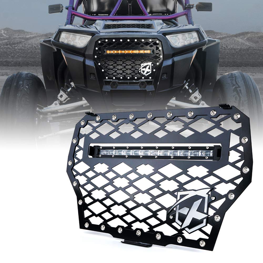Xprite Black Steel Front Mesh Grille With 60W Led Amber Light Bar For 2017-2018 Polaris Rzr 1000 Xp Turbo
