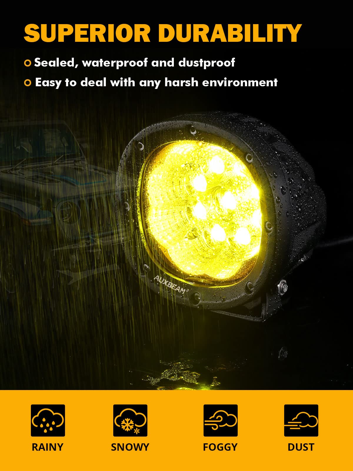 Auxbeam 4 Inch Amber Round Led Driving Light, 2Pcs 90W 9000Lm Yellow Fog Pods Light Bar Off-Road Flood Work Energy-Efficient Lig