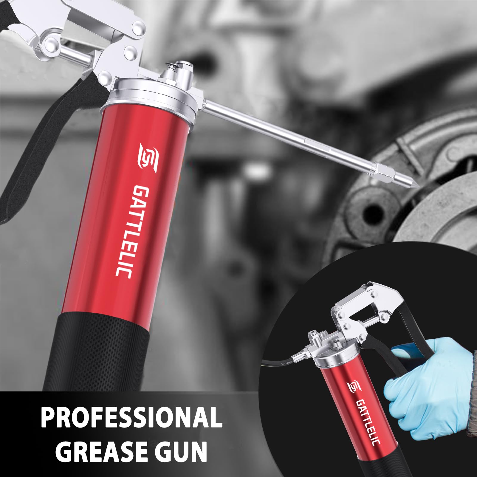 GATTLELIC 8000 PSI Heavy Duty Grease Gun Kit - 14oz with Flex Hose, Sharp Nozzle, Extension Pipe & Coupler, Red