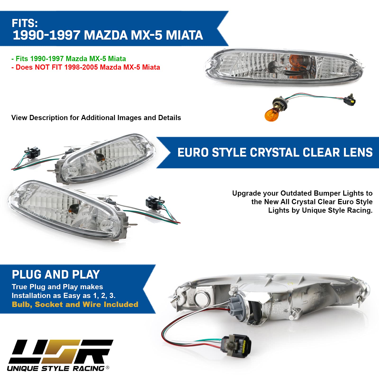 USR DEPO 90-97 MX-5 Signal Lights - JDM Crystal Style Front Bumper Turn Signal Lamps Set (Left + Right) Compatible with 1990-199