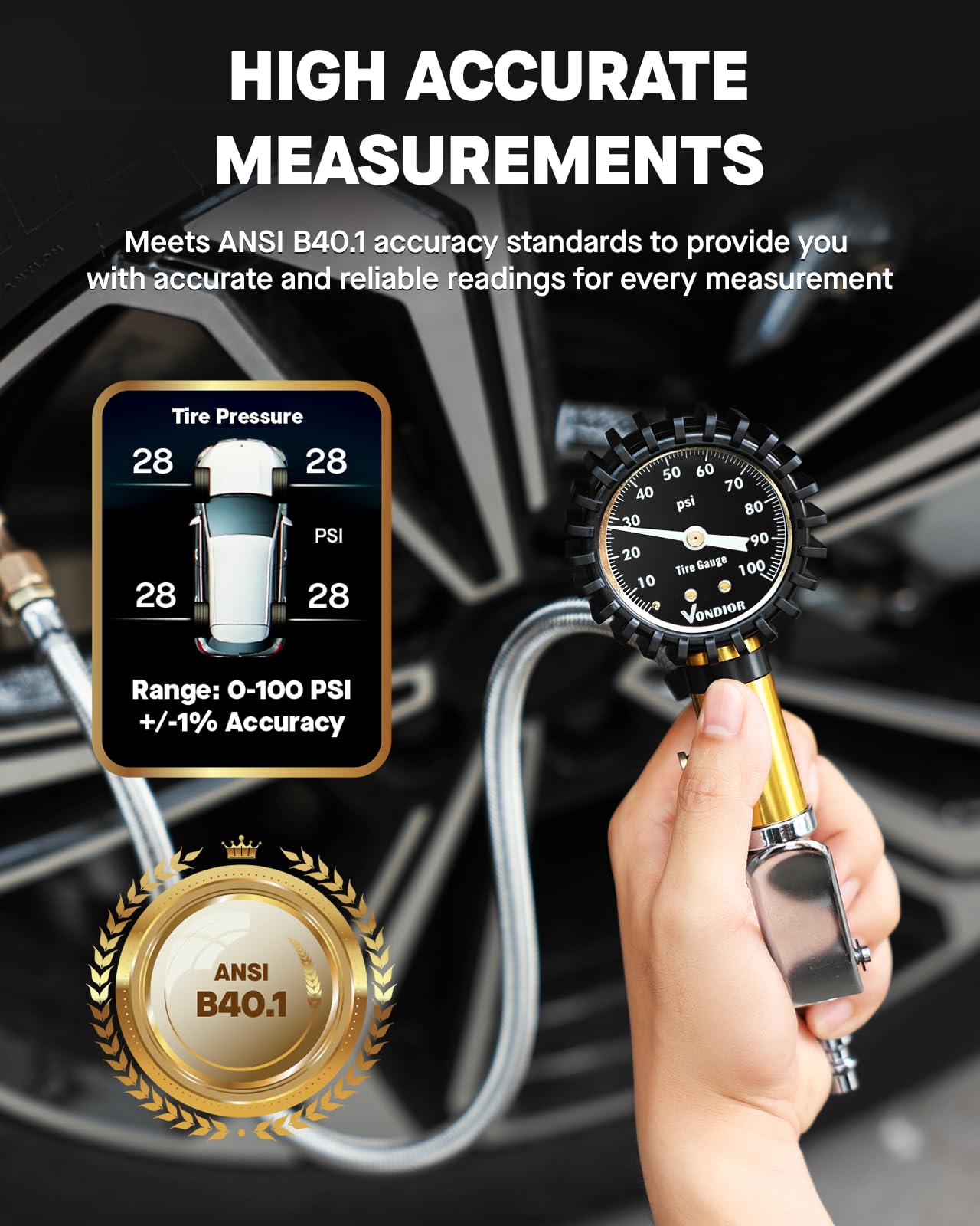 Vondior Tire Inflator With Pressure Gauge(0-100 Psi) - Ansi B40.1 Accurate, Large 2'' Glow Dial, Premium Braided Hose, Durable R