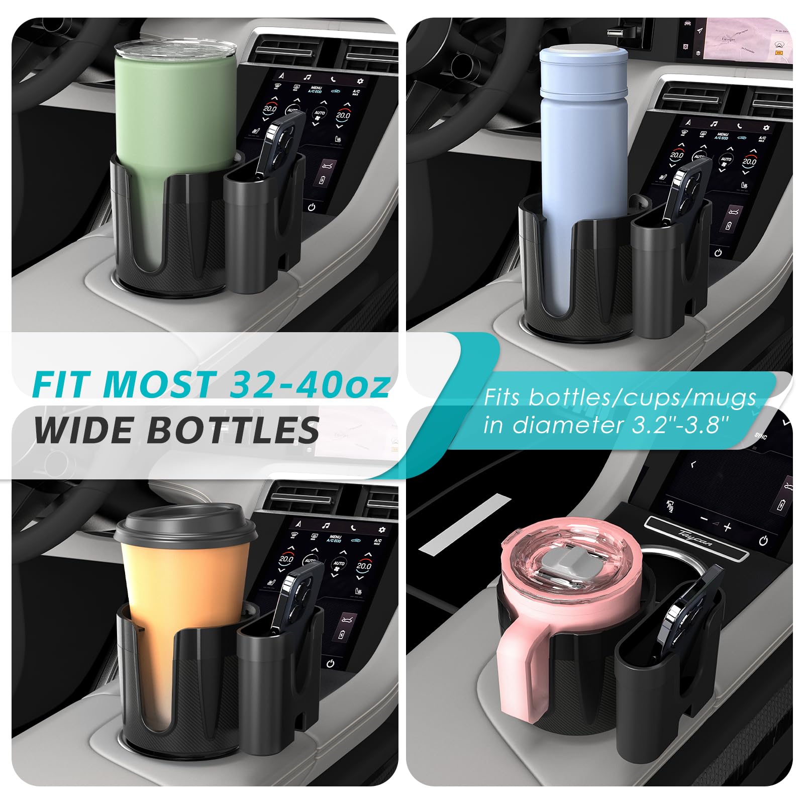 2-In-1-Car-Cup-Holder-Expander-Adapter With Phone Holder Adjustable Base Fits Most Cup Holder And Phones, Compatible For Hydrofl