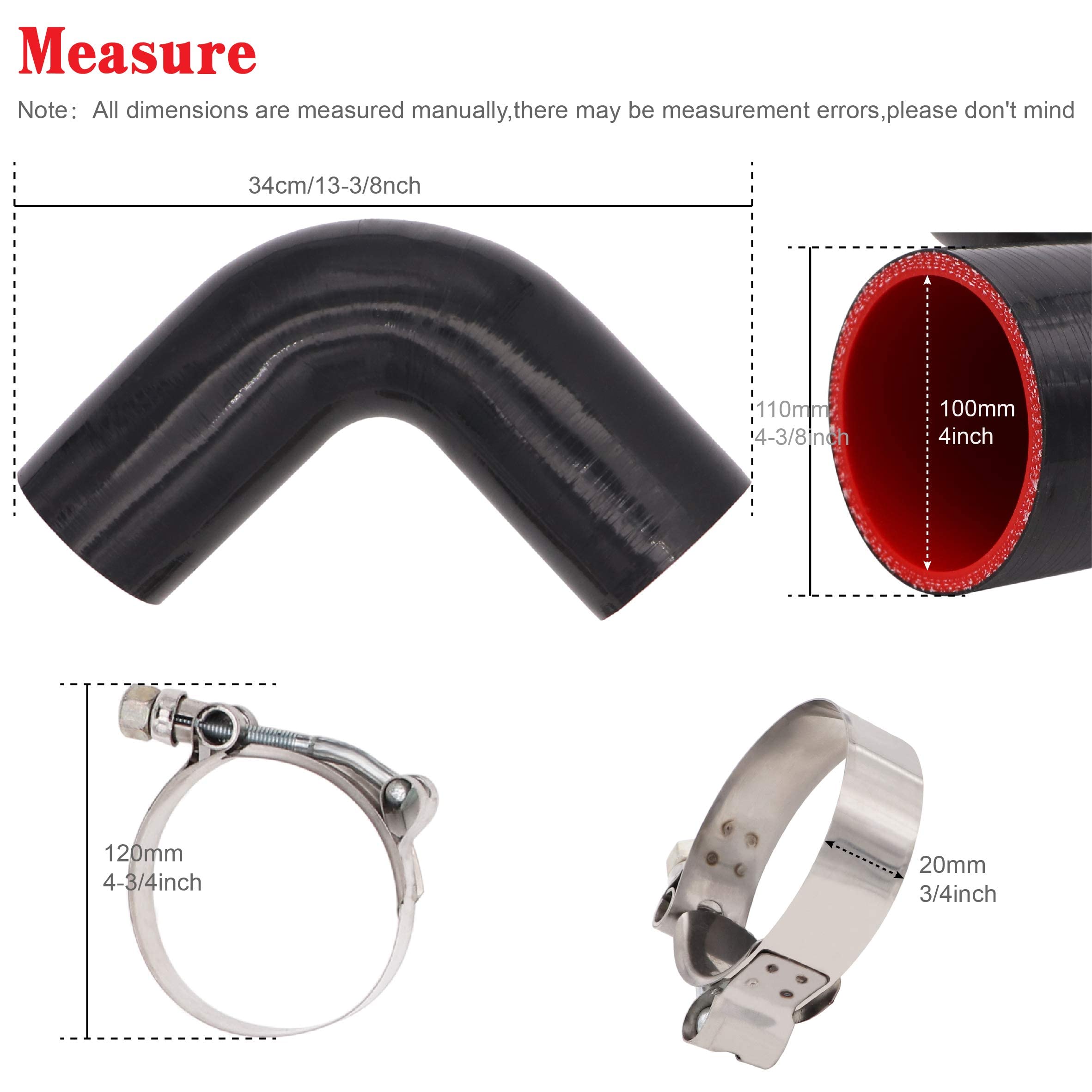 90 Degree Elbow Coupler Silicone Hose 4-Ply 4-Inch For Turbo/Intercooler/Intake Piping,Length 120Mm Thickness 5Mm With T-Bolt Cl