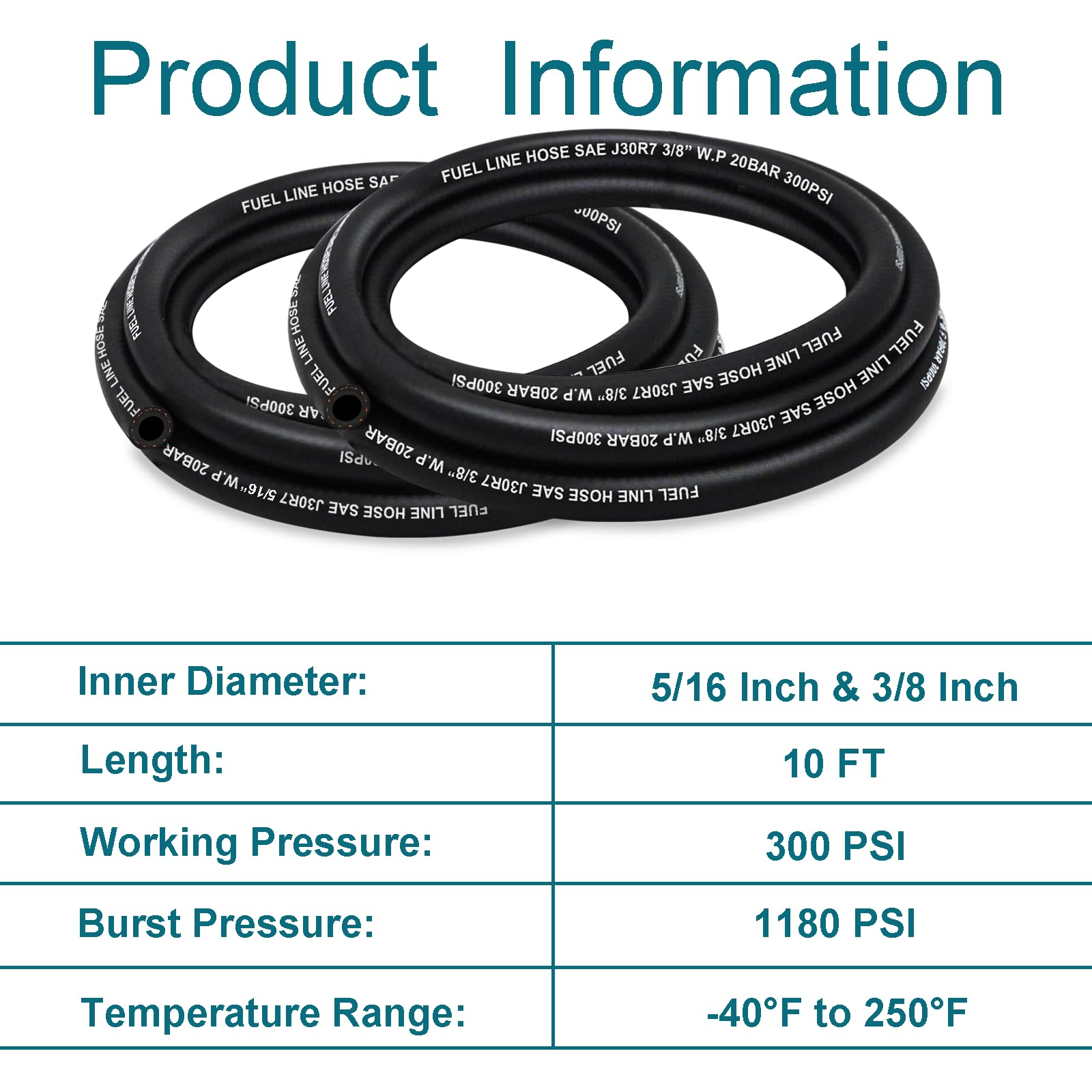 HOUSUN Fuel Line 5/16 3/8 Inch ID, Fuel Hose 10FT 300PSI High-Pressure with 20 Clamps., J30R7 Fuel Line Hose NBR.