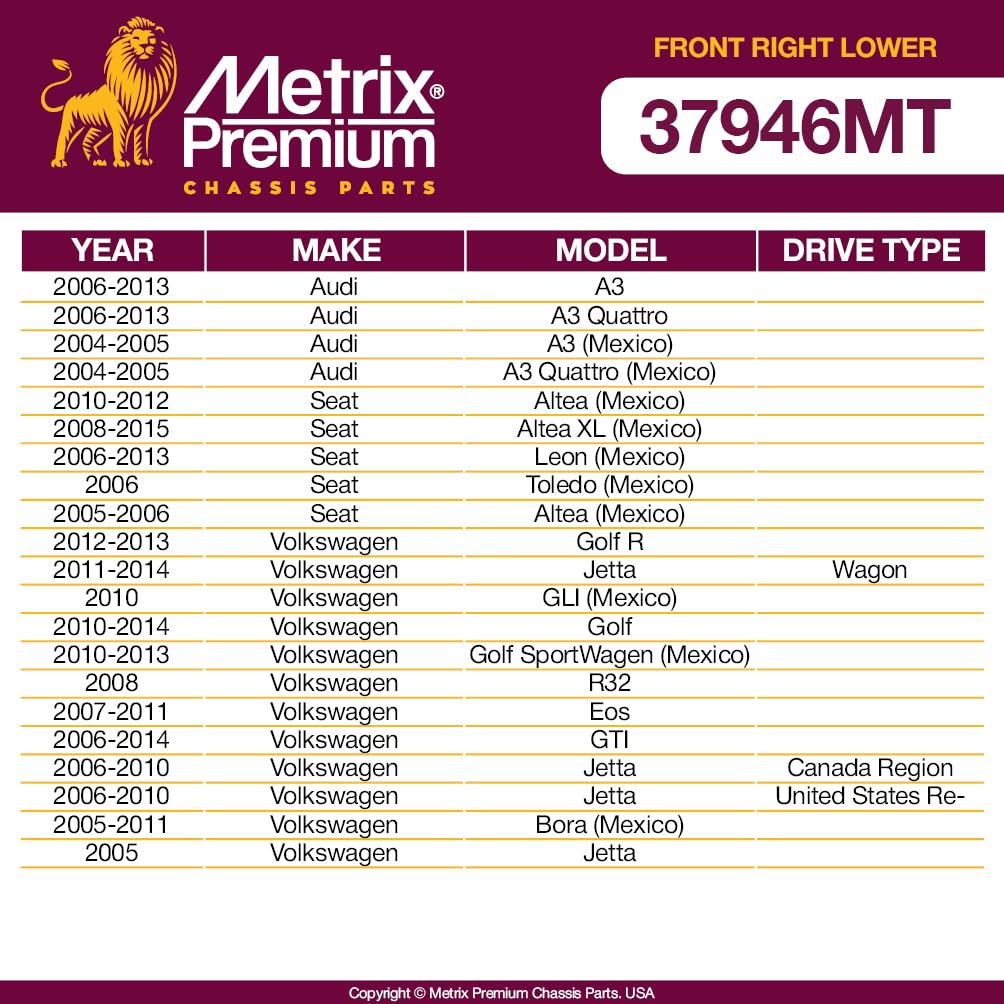 Metrix Premium Chassis Parts - Front Right Lower Control Arm Fits 06-13 Audi A3, 06-13 A3 Quattro, 04-05 A3 (Mexico), 04-05 A3 Q