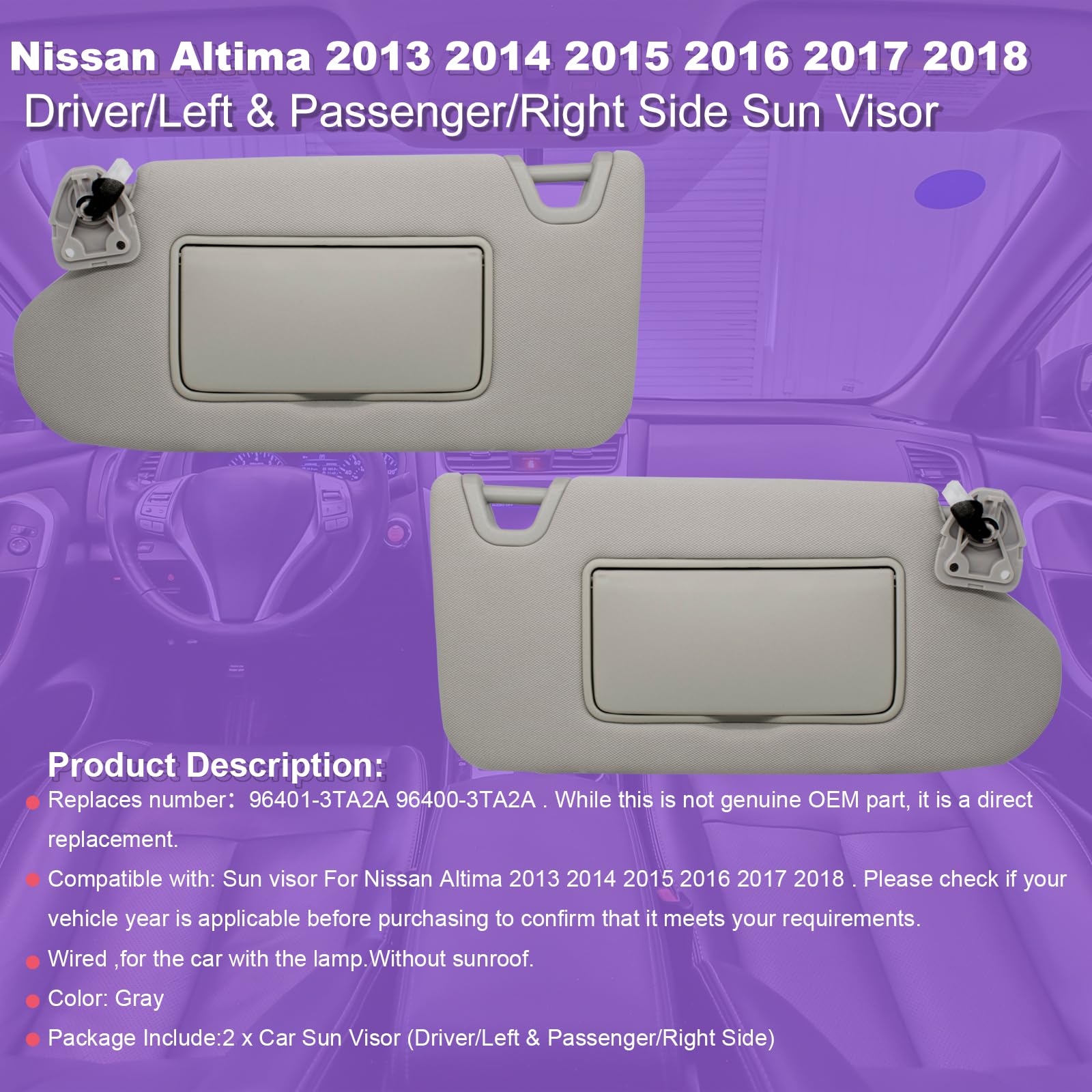 Nhiles Driver/Left & Passenger/Right Sun Visor Compatible With Nissan Altima 2013 2014 2015 2016 2017 2018 With Light, Without S