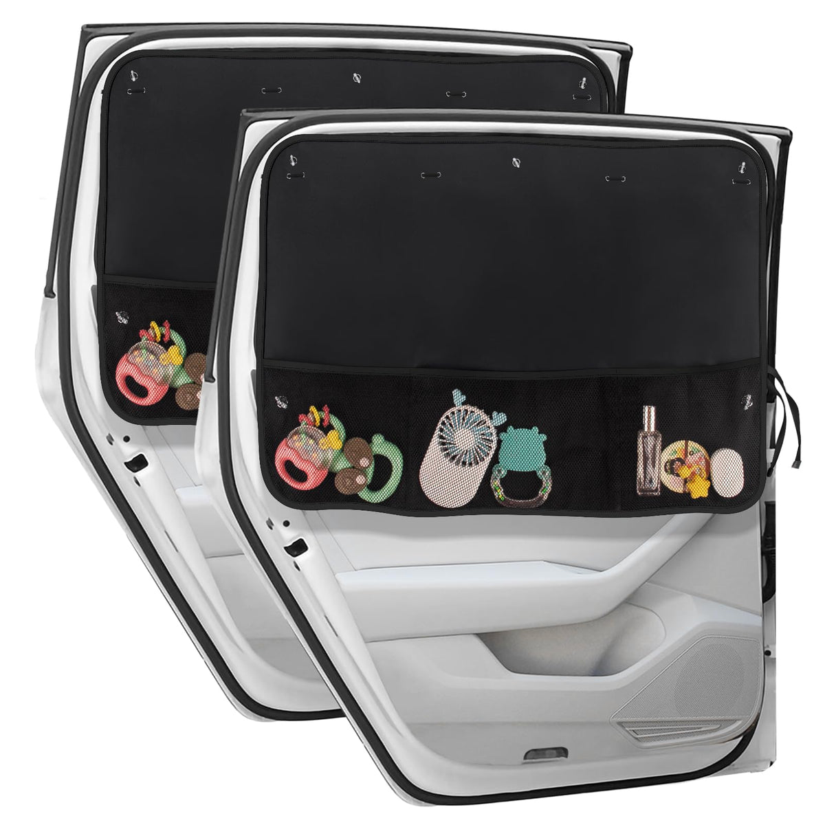 Car Sun Shade Side Window, 2 Pcs Blackout Car Window Shade for Baby Privacy with Storage Net Pockets Car Curtains 7 Suction Cups