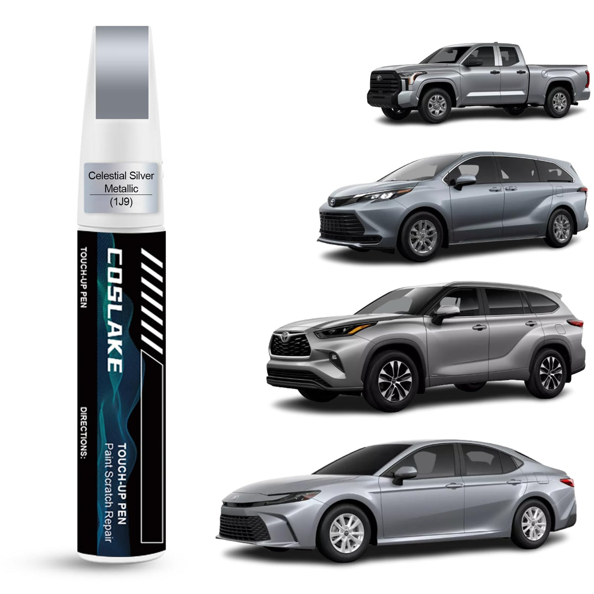COSLAKE Car Touch Up Paint(Celestial Silver Metallic(1J9(Include 2PT))) for Toyota, Car Paint Scratch Repair Kit, Quick & Easy S