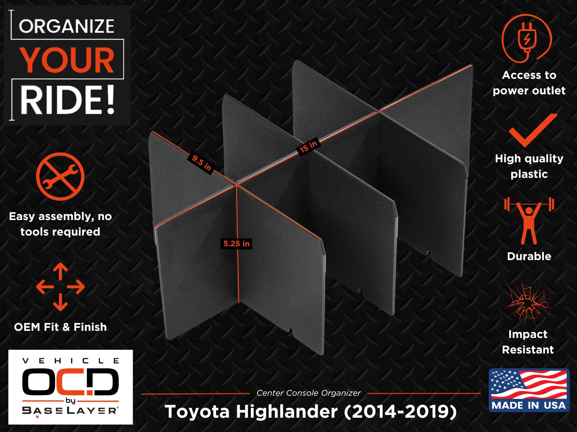 Vehicle Ocd - Center Console Organizer For Toyota Highlander (2014-2019) - Made In Usa - Slx109