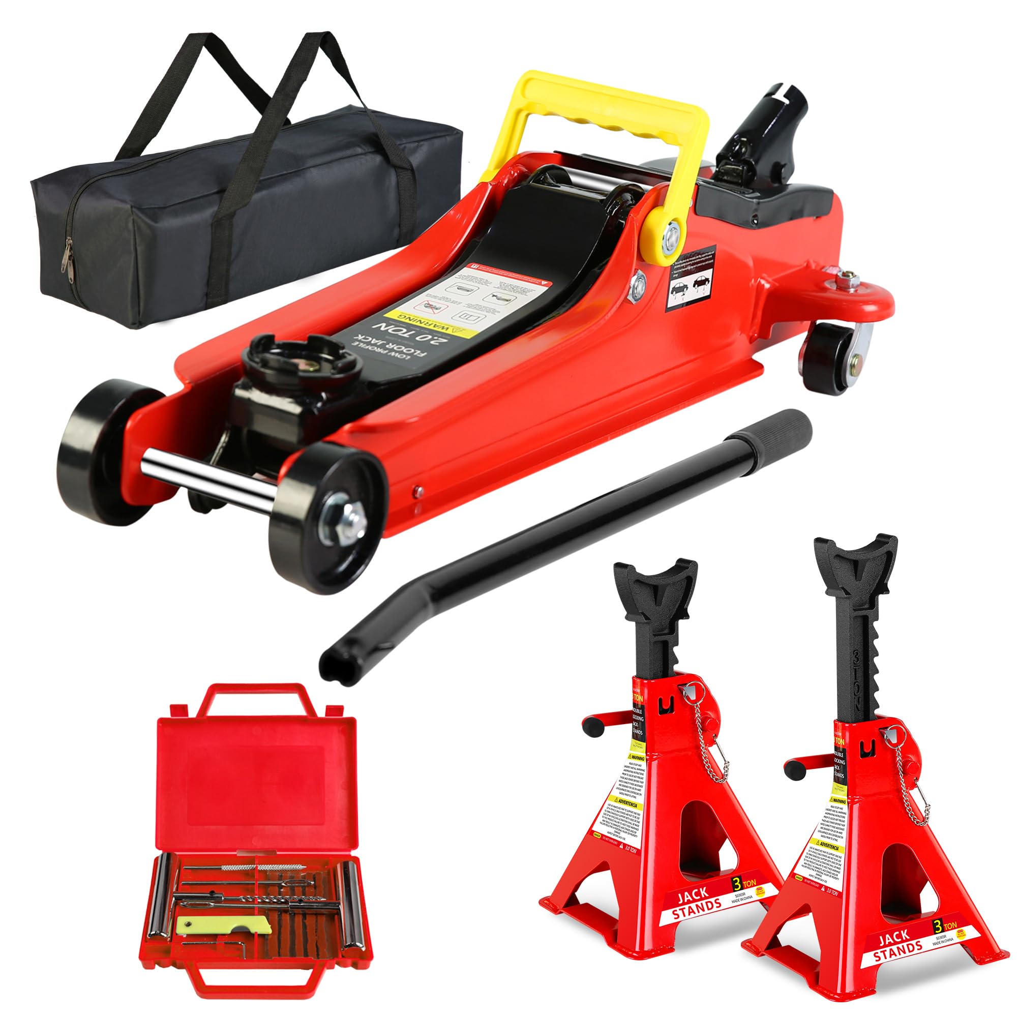 4 Piece Car Jack and Stand Kit with 2 Ton Floor Jack,Jack Stands Tire Repair Kit for Garages, Automotive,Repair Shops and DIY, P