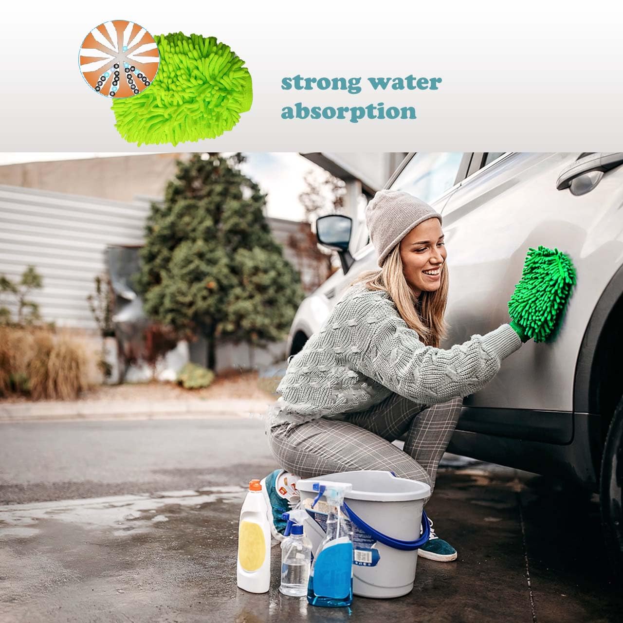 HeGangLy 2 Pack Car Wash Mitt Microfiber Chenille Car Wash Mitt Scratch Free for Cars Cleaning,Home Cleaning Mitts(Green/Blue).