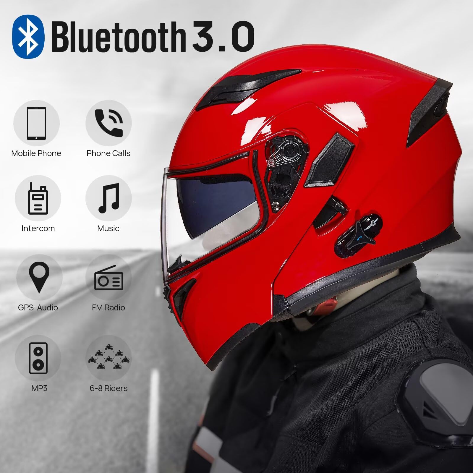 Ilm Bluetooth Motorcycle Helmet Modular Flip Up Full Face Dual Visor 6 Riders Group Intercom Mp3 Fm Radio Dot Model 902Bt Pro(Br