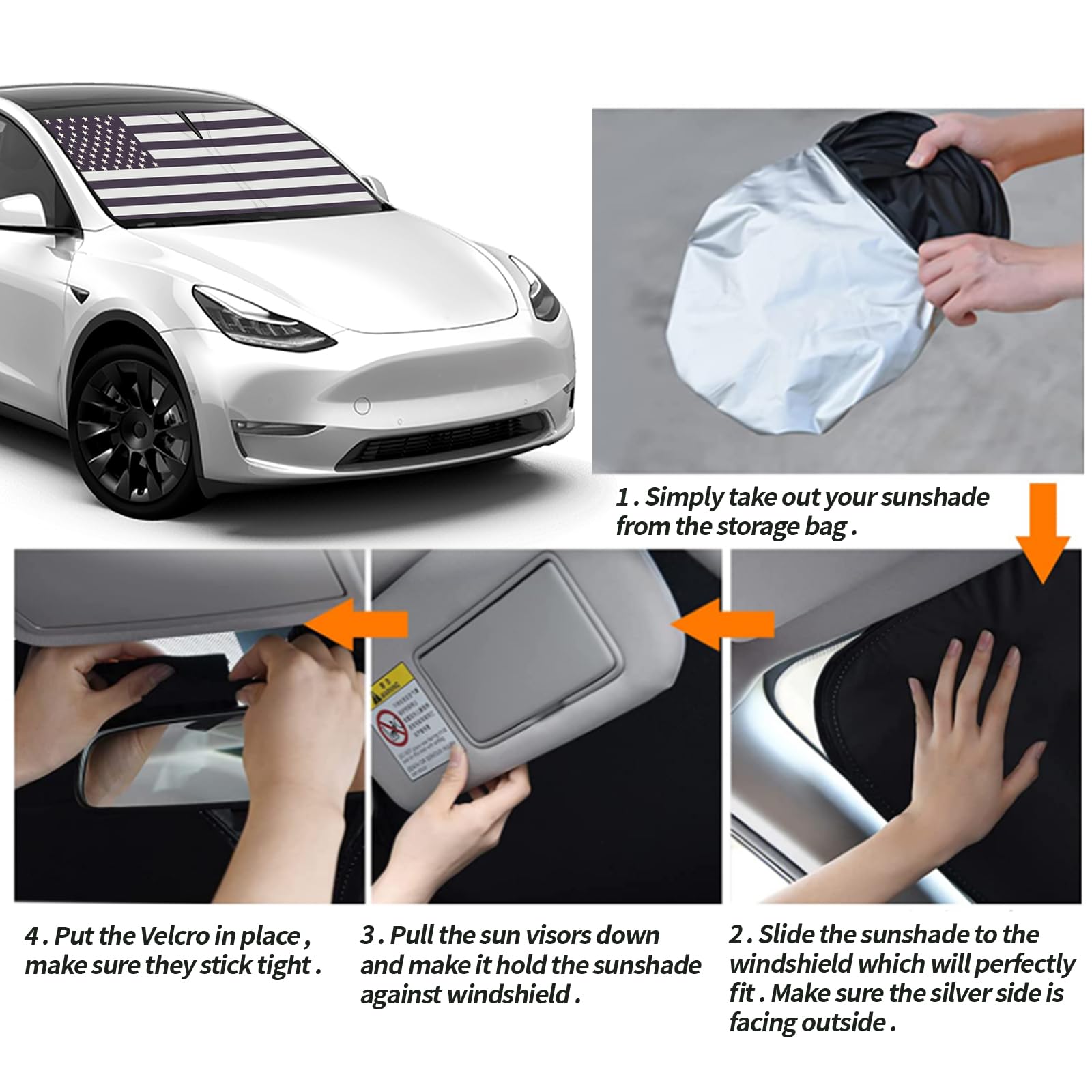 Moricere Upgrade Windshield Sun Shade With Usa Flag For Tesla Model Y 2019-2023, Foldable Windshield Sun Visor Blocks Uv Rays