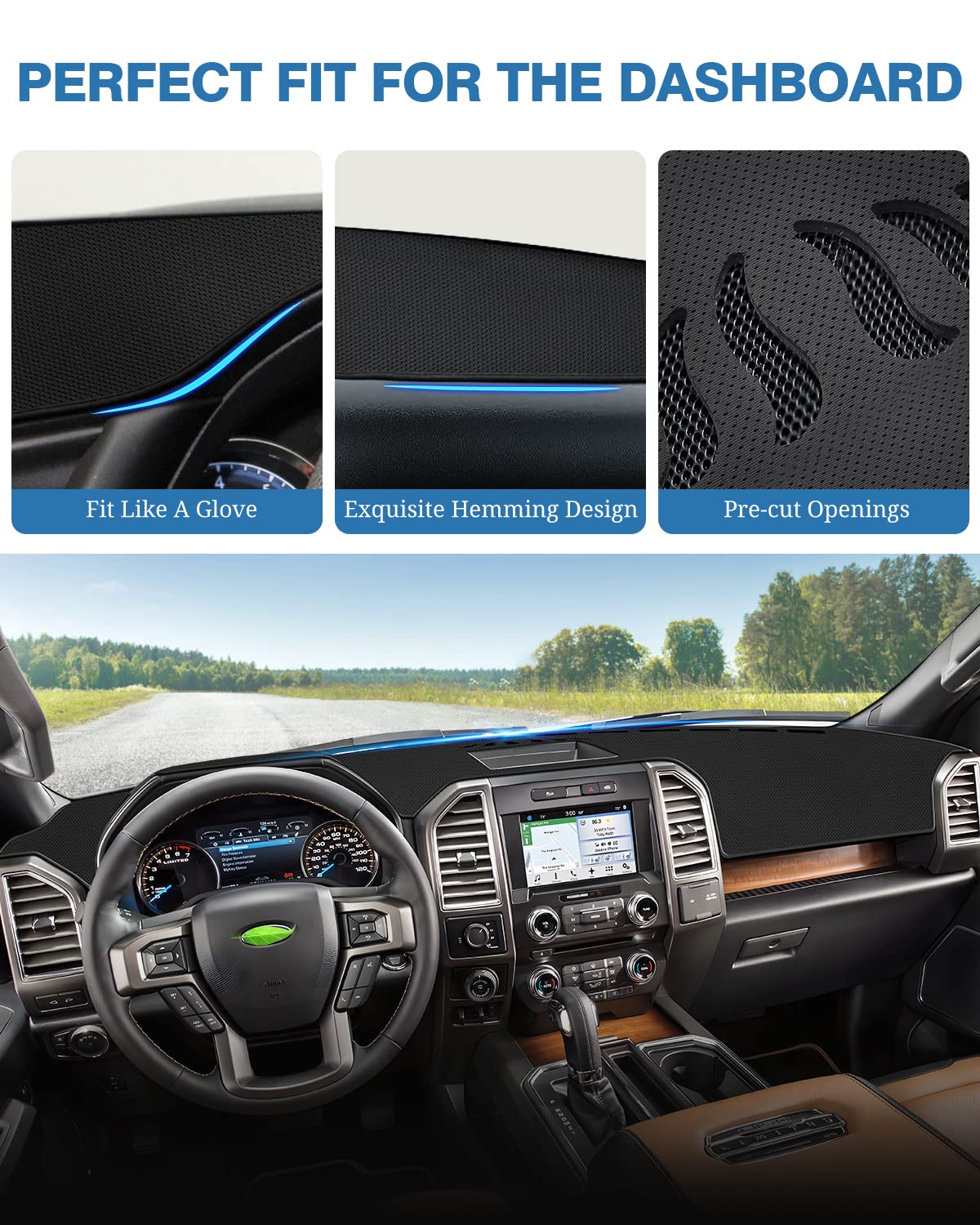 FIILINES Dash Cover for Ford F-150 F150 2015-2020, Dashboard Cover Car Accessories Sunshade Nonslip Mesh Protector No Glare (Wit