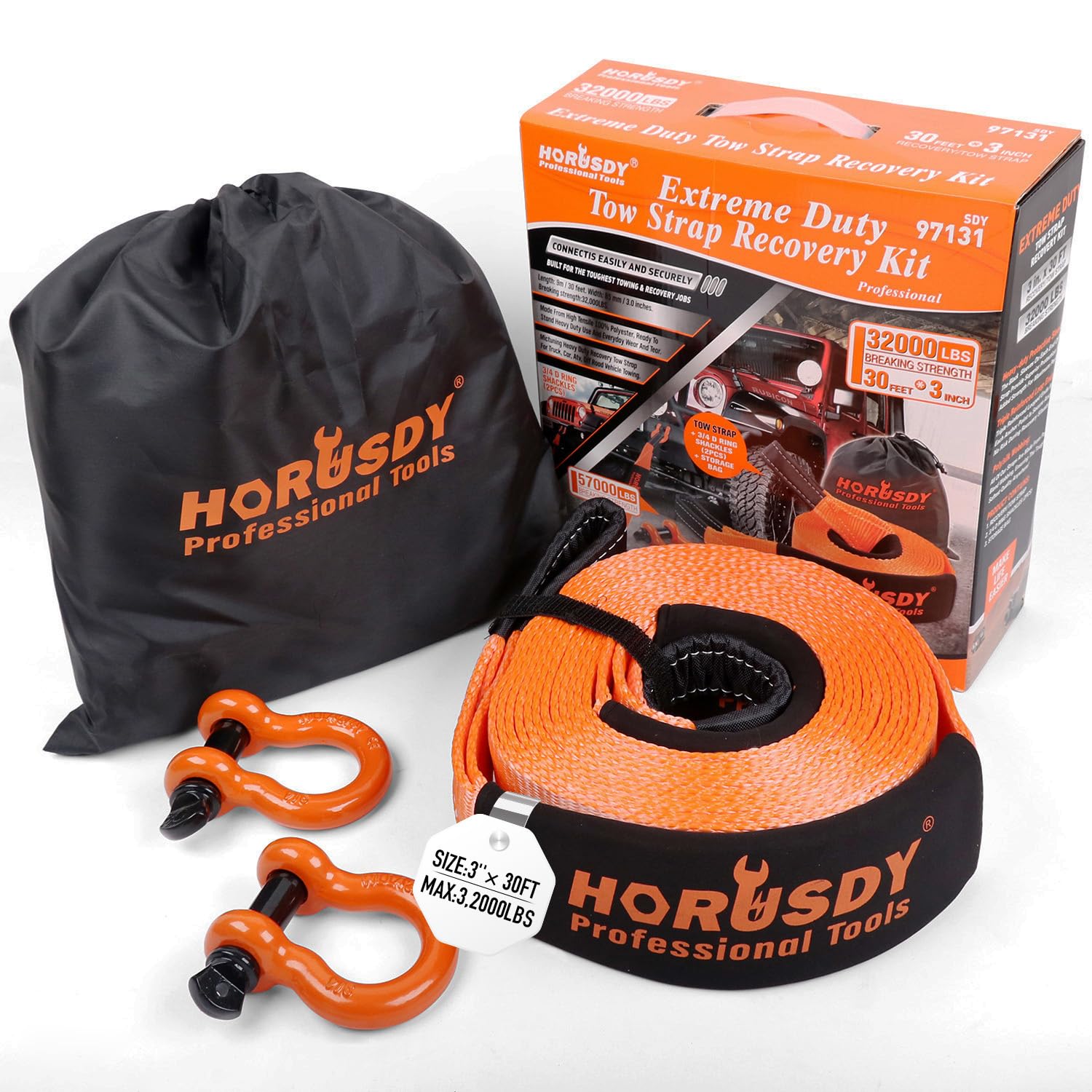 Horusdy Nylon Heavy Duty Tow Strap Recovery Strap With Hooks 3'' X 30Ft - 32,000 Lbs Break Strength, 3/4 D Ring Shackles (2Pcs),