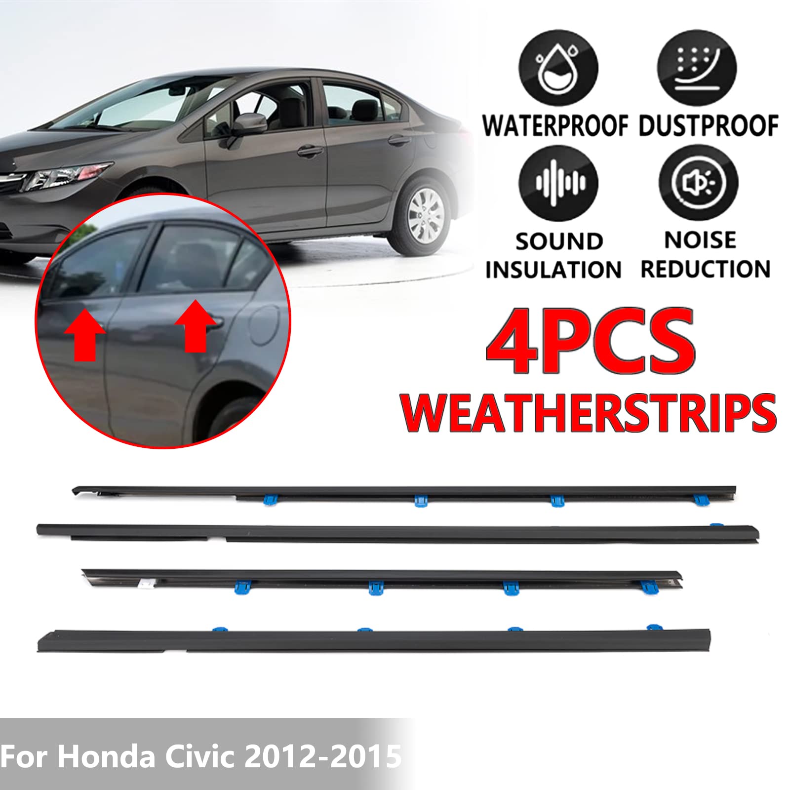 Geataat 4Pcs Weatherstrip Window Moulding Trim Seal Belt Compatible With 2012-2015 Honda Civic Replace# 72410Tr0A01