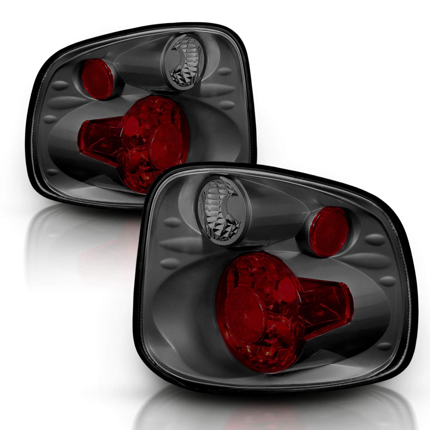Amerilite For 2001-2003 Ford F-150 Flareside Euro Gun Metal Replacement Tail Lights Brake Lamp Pair - Passenger And Driver Side