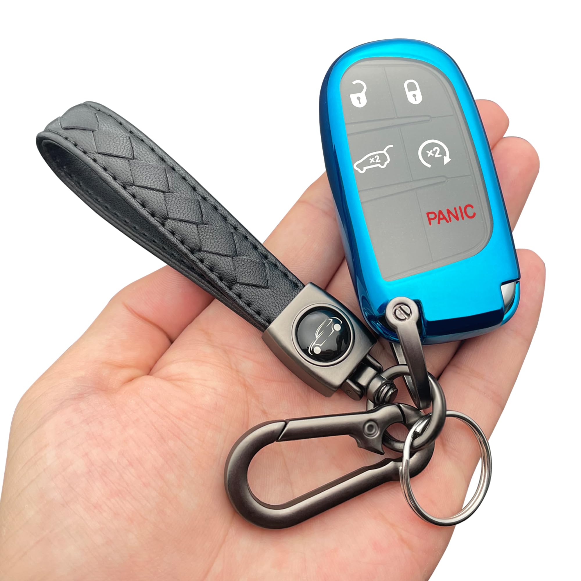 Tandrive Key Fob Cover Compatible With 2025 2024-2015 Jeep Compass Dodge Durango Cherokee Grand Cherokee Renegade Challenger Charger Ram Chrysler 300(3 4 5-Button, Blue)