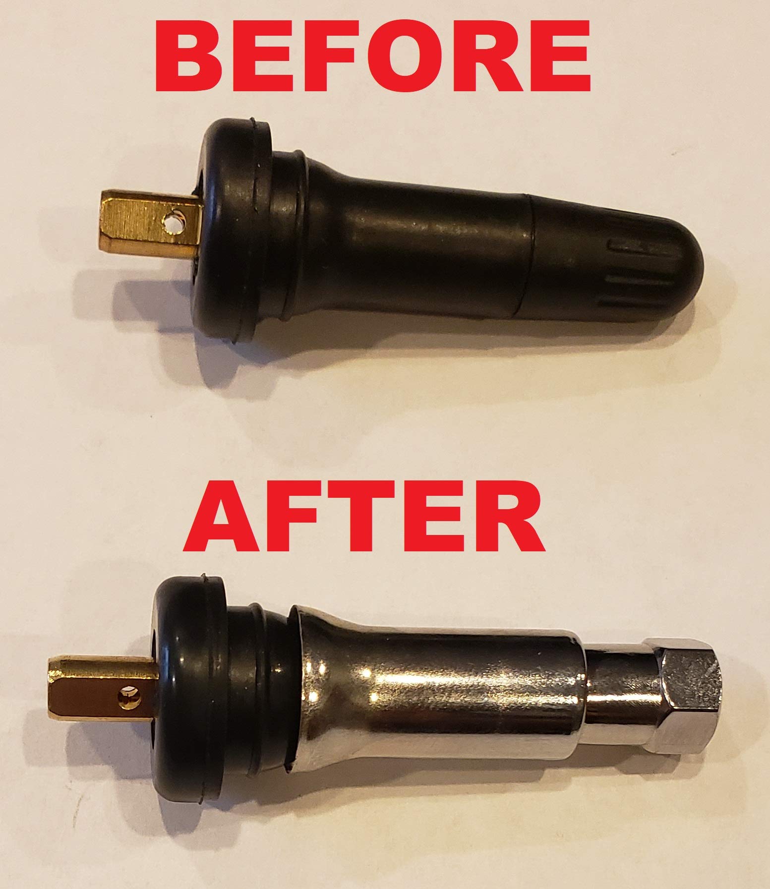 Muzzys TR413 Chrome Valve Stem Sleeves and Caps Dress Up Kit, Set of 4 for Car and Truck Rubber Tire Valve Stems, for 0.8'' Tall