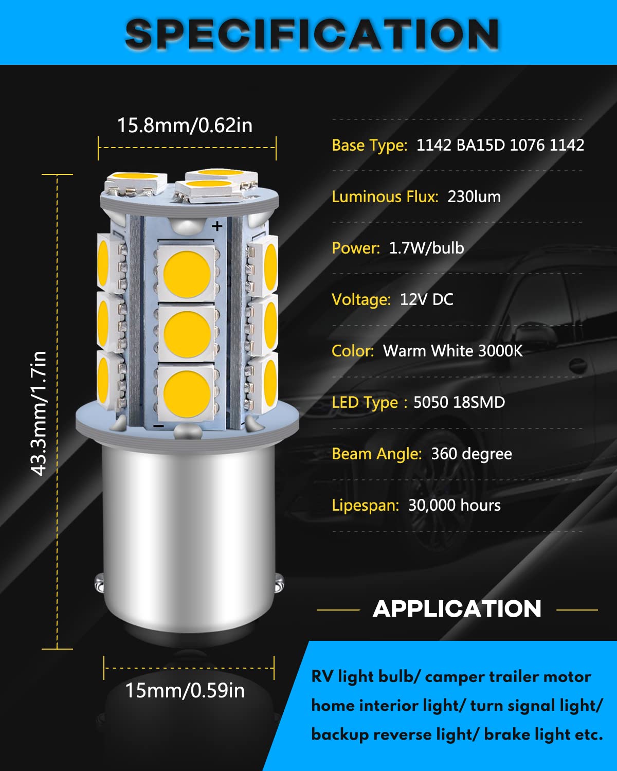 Qoope 6-Pack 1076 Led Bulb For Rv, 1142 1004 Ba15D Warm White Light Bulb Replacement For 12V Camper Trailer Motorhome Boat Interior Light, 5050 18Smd Double Contact Bayonet,#90 Yard Landscape Bulb