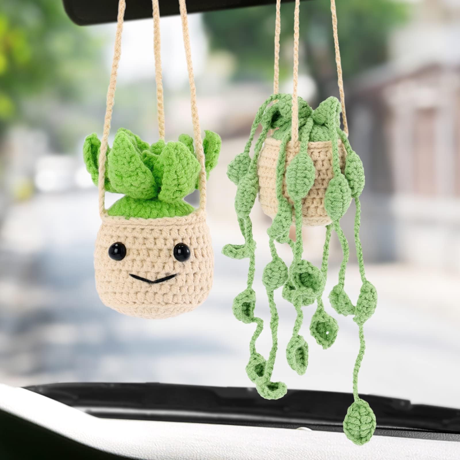 Vansolinne 2 Pcs Cute Car Accessories Crochet Plants Hanging Baskets Green Succulent for Rearview Mirror Decor Car Ornament Inte