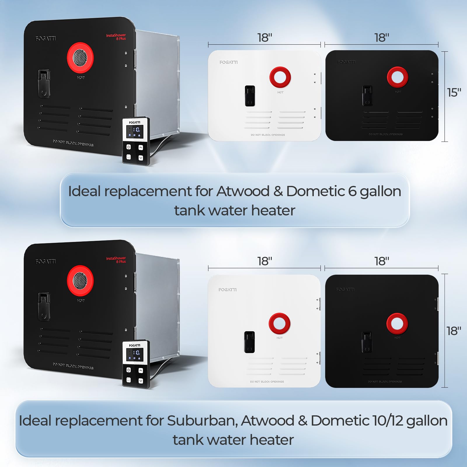 FOGATTI RV Tankless Water Heater, InstaShower 8 Plus, Gen 2, with 15 x 15 inches Black Door and Remote Controller, DC 12V, Best