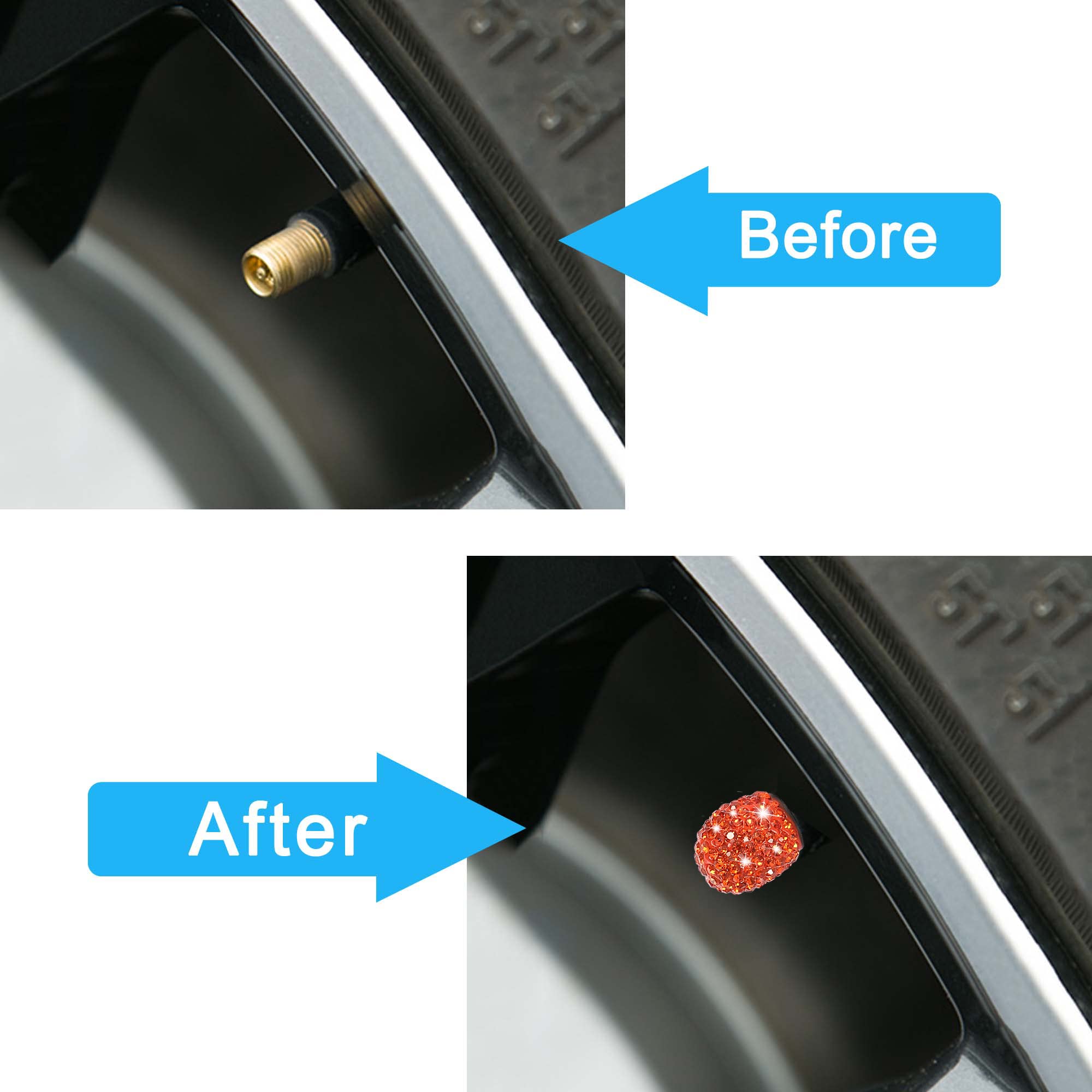 Winka Set Of 4 Rhinestone Tire Valve Stem Caps Bling Car Accessory Compatible With Universal Wheel Air Stem Valve Orange