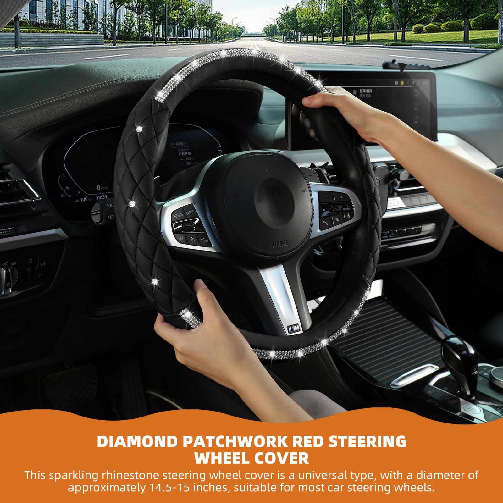 Diamond Steering Wheel Cover,with Bling Crystal Rhinestone, Delicate and Anti-Slip Sparkly Sedan Steering Wheel Cover ,Adaptable