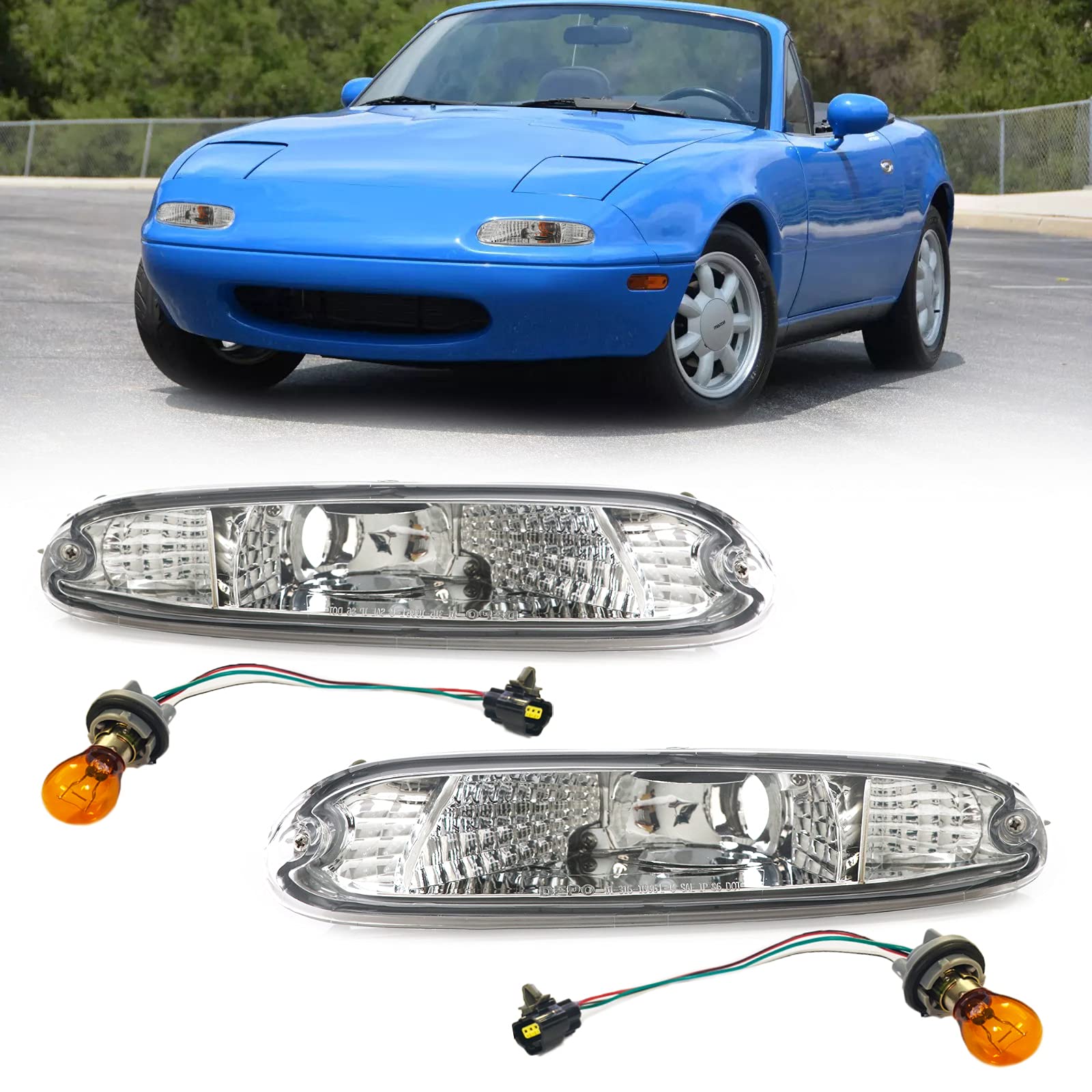 USR DEPO 90-97 MX-5 Signal Lights - JDM Crystal Style Front Bumper Turn Signal Lamps Set (Left + Right) Compatible with 1990-199