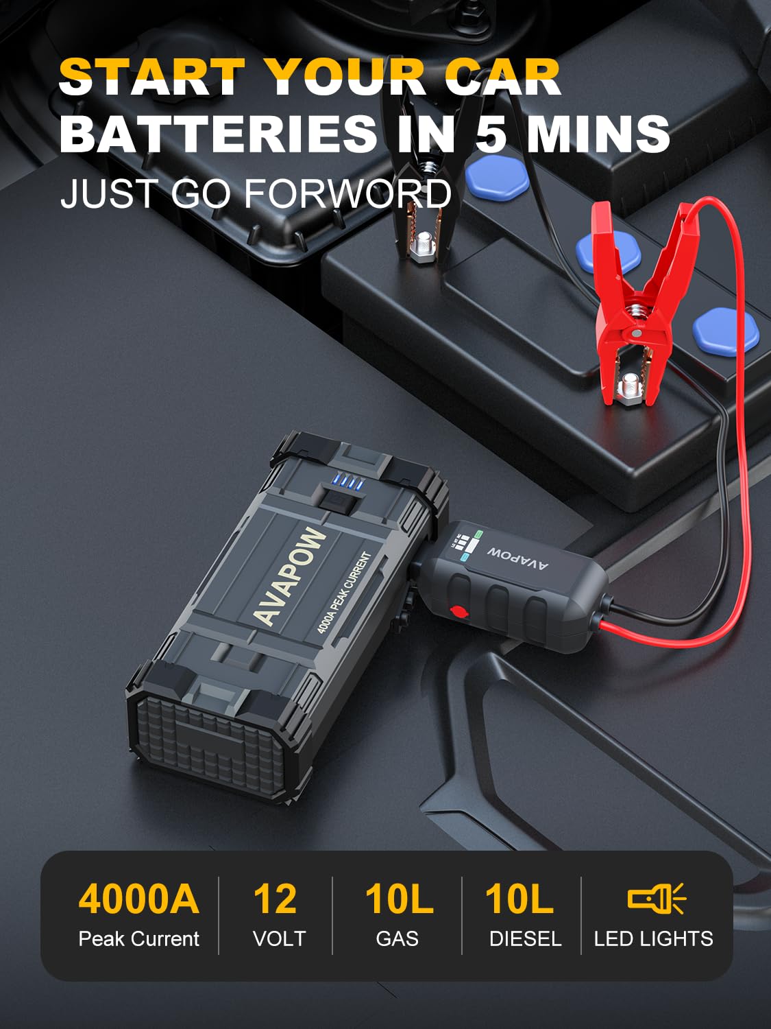Avapow Car Jump Starter, 4000A Peak Battery (For All Gas Or Up To 10L Diesel), Portable Booster Power Pack, 12V Auto Jump Box Wi