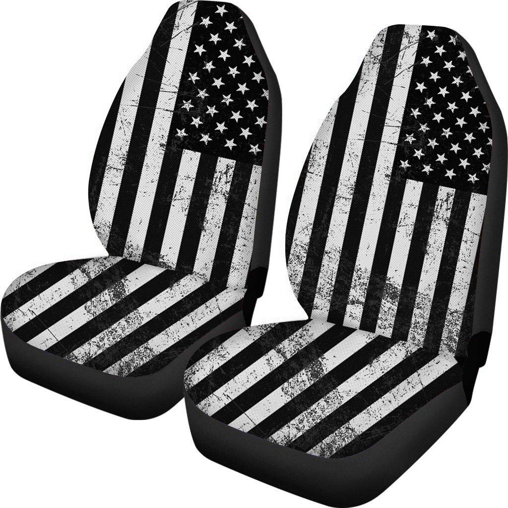 Black White American Flag Print Front Seat Cover 2 Pcs, Universal Vehicle Seat Protector Mat Covers, Fit Most Cars, Sedan, SUV, 