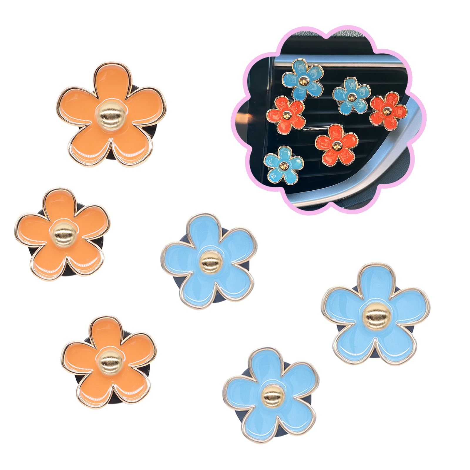 Oriesse 6Pcs Flower Car Air Freshener Vent Clips,Blue Orange Daisy Air Vent Clip Car Accessories For Women,3.3Cm/3Cm Flower Vehi