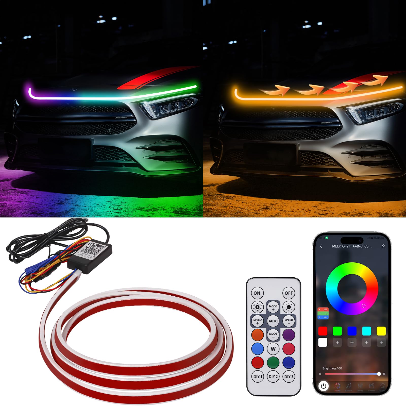 Hconce 71 Inches Rgb Multicolor Dynamic Scanning Starter Hood Lights, Car Led Hood Light Strip, Exterior Flexible Headlight Wate