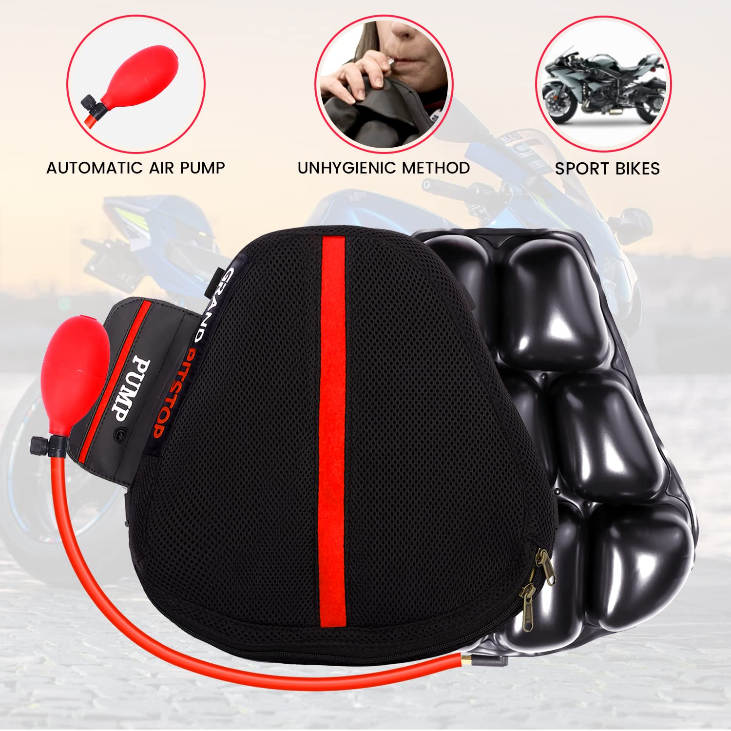 Grand Pitstop Motorcycle Air Seat Cushion, On The Go Inflate & Deflate, Pressure Relief Motorcycle Seat Pad, Shock Proof Comfort