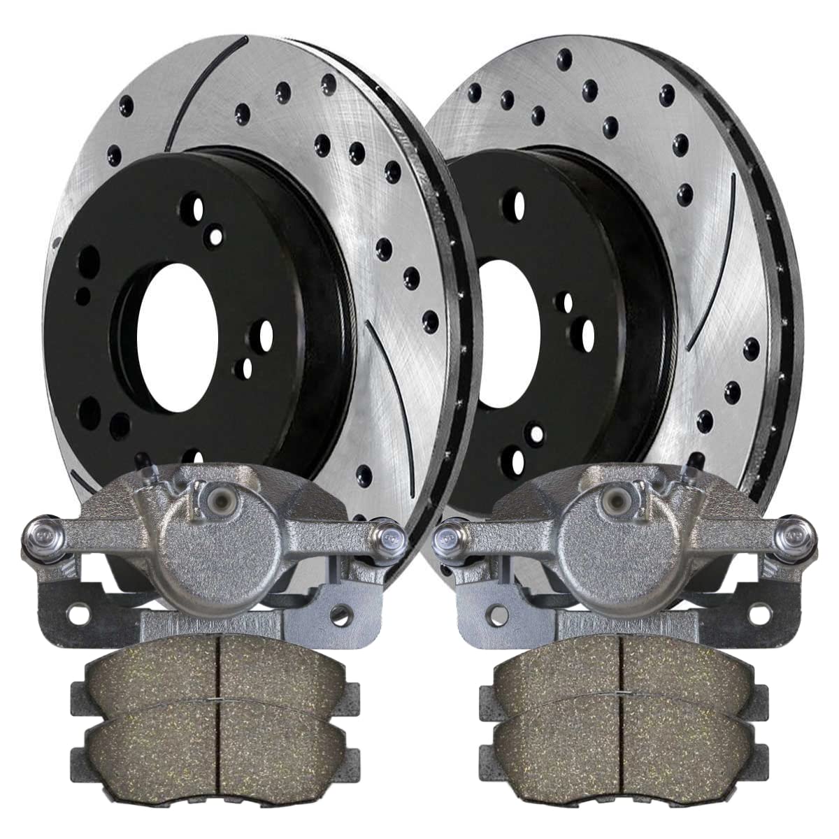 Autoshack Black Hat Drilled And Slotted Brake Rotors With Ceramic Pads And Calipers Front Brake Rotor Replacement Kit For 2006-2011 Honda Civic 1.8L Fwd Brkpkg589