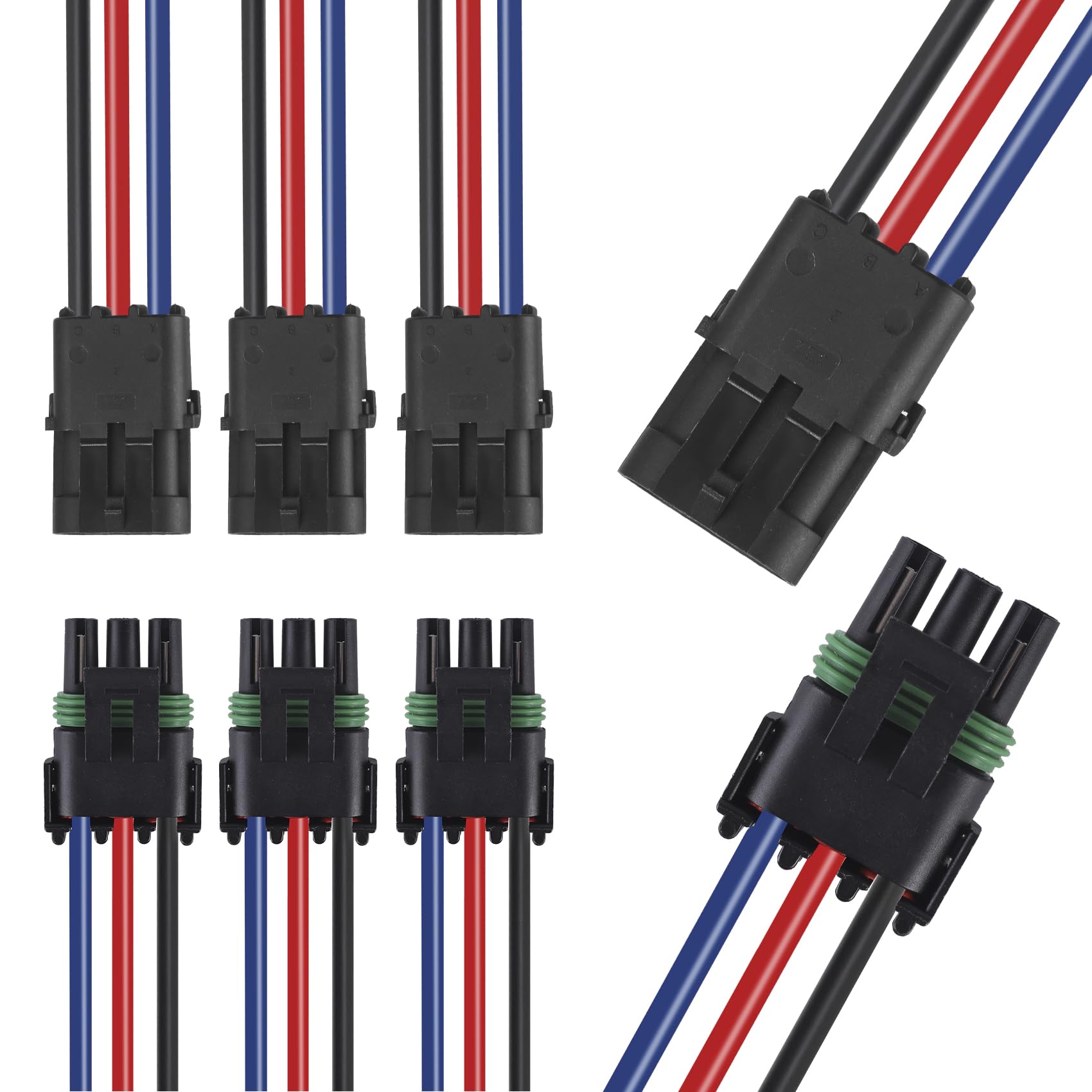 MUYI Weatherpack Connector Kit, 3 Pin Way Electrical Connectors Automotive Waterproof Wire Connection (14AWG, 3 Pack)