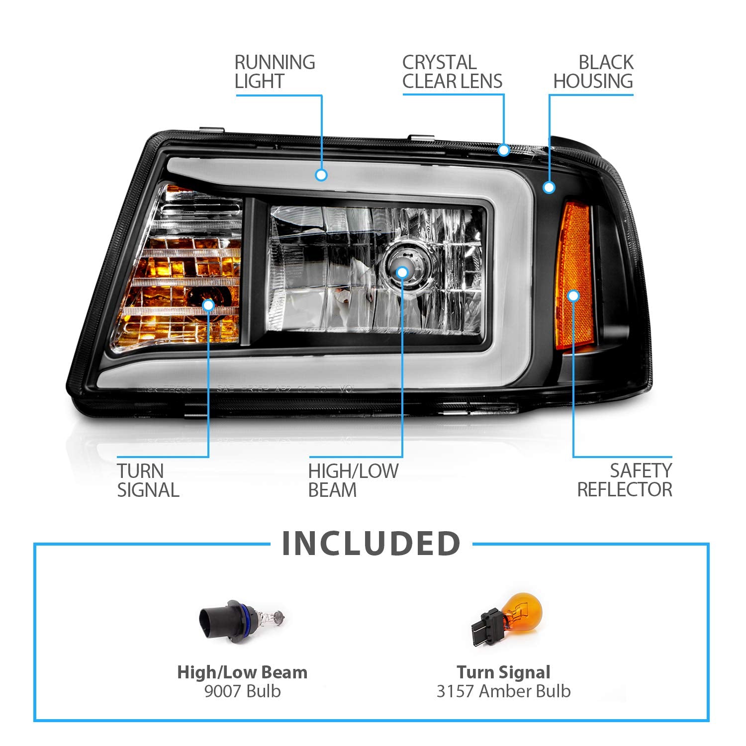 Amerilite For 2001-2011 Ford Ranger Led, Halogen, Tube Replacement Pickup Truck Headlights With Corner Lamp Set - Passenger And Driver Side, Vehicle Light Assembly, Black