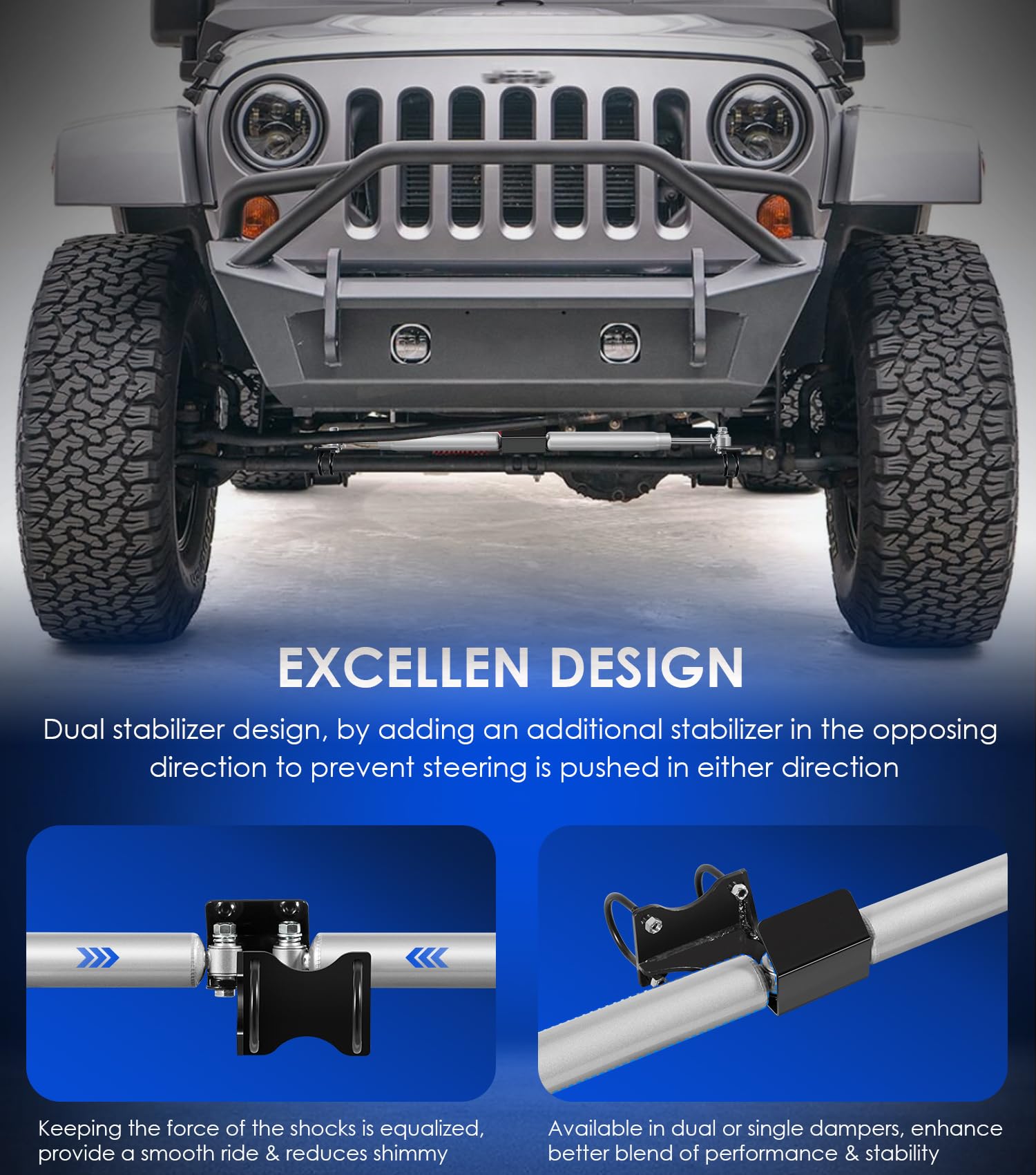 For Jeep Wrangler JK Dual Steering Stabilizer, N3 Dual Steering Stabilizer Kit for Jeep Wrangler JK 2007-2018 with 2'' of Lift o