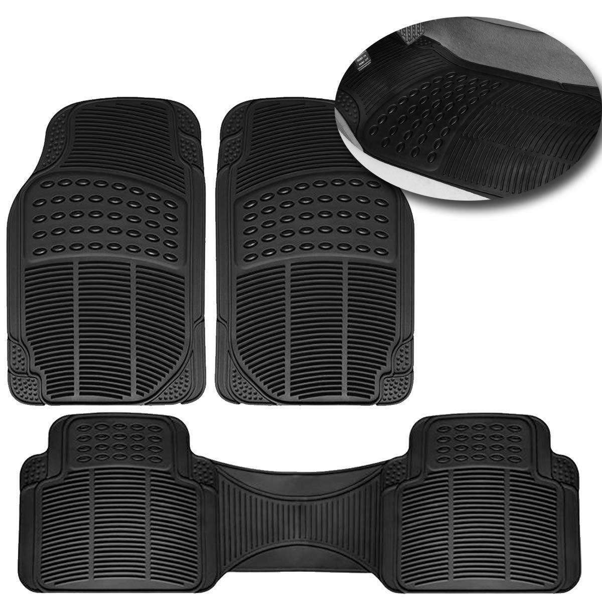 VaygWay Universal 3 Piece Heavy Duty Front and Rear Black Rubber Floor Mats - Premium Quality Trimmable Universal Fit All Weathe